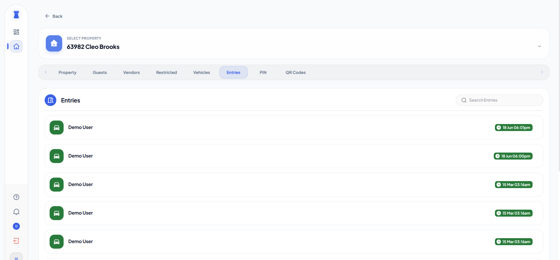 The Entries tab on the property page