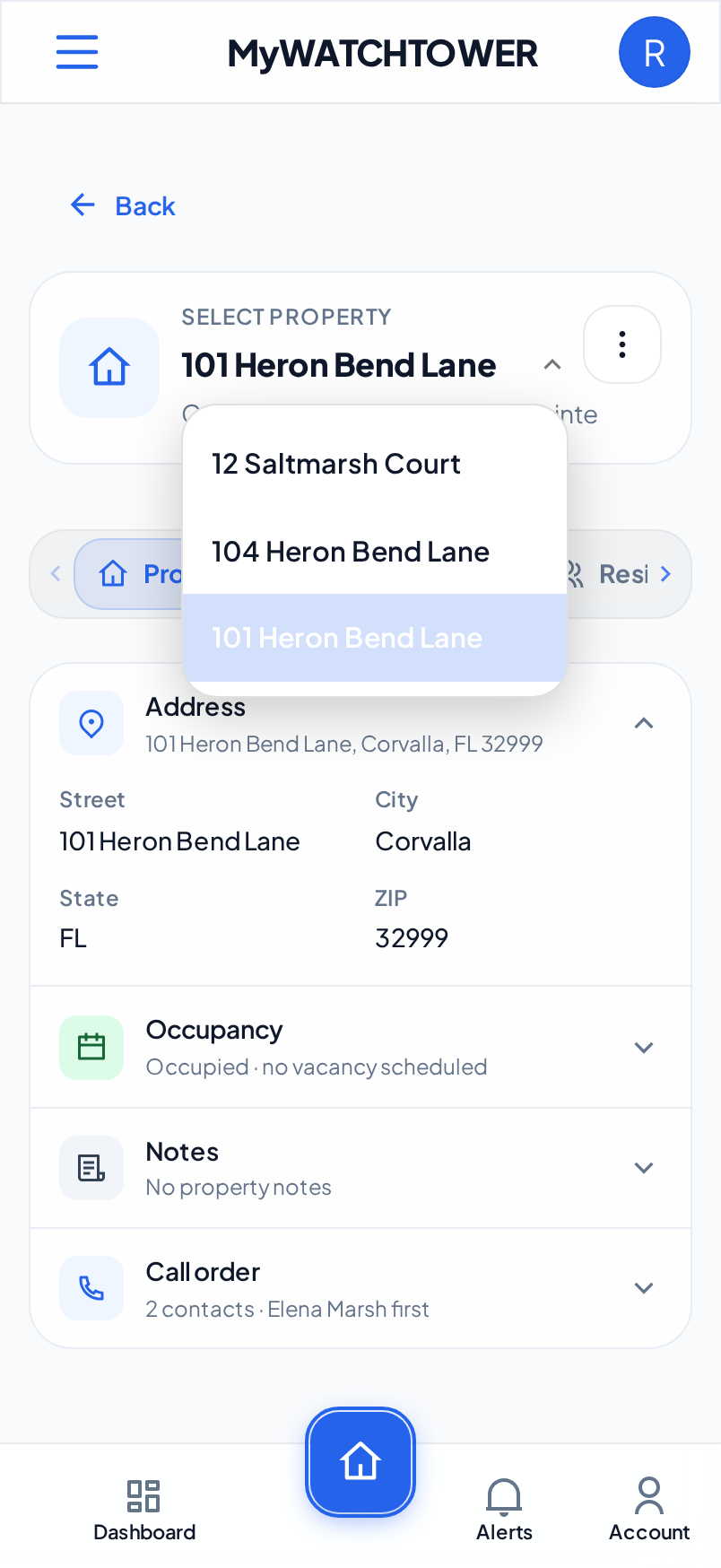 The property list open on a phone, with 101 Heron Bend Lane, 104 Heron Bend Lane and 12 Saltmarsh Court