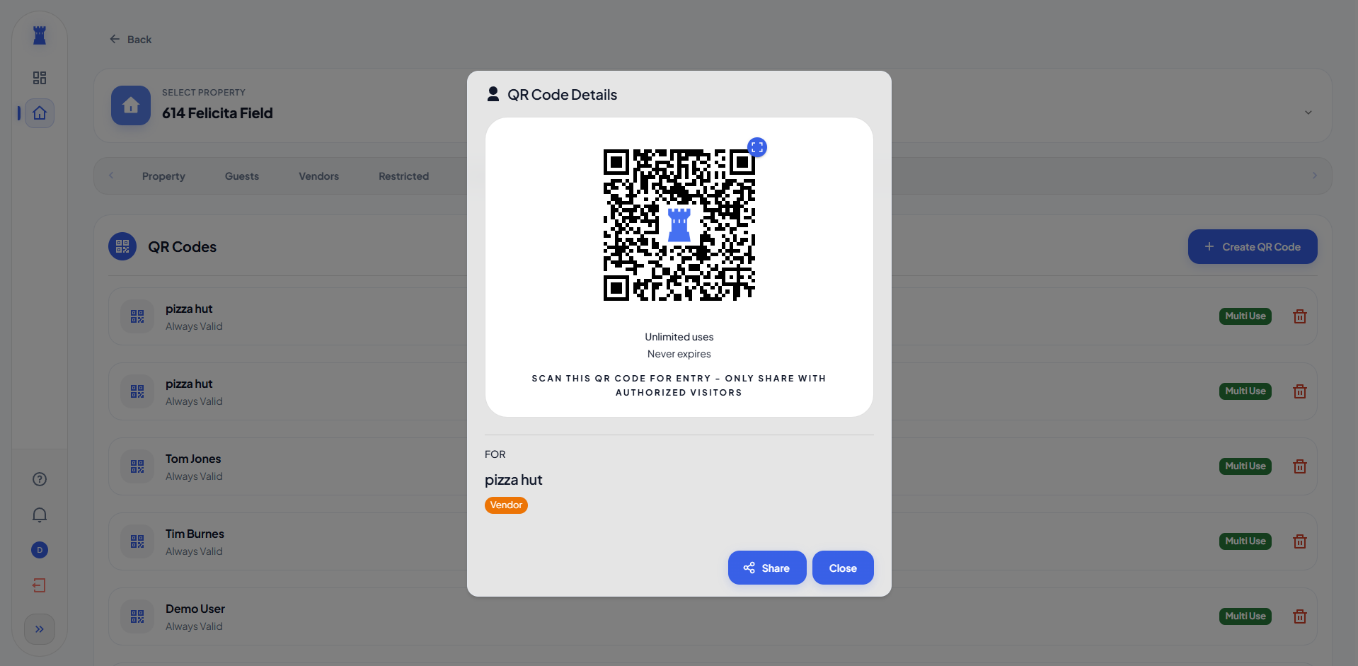 QR code details with share and close options