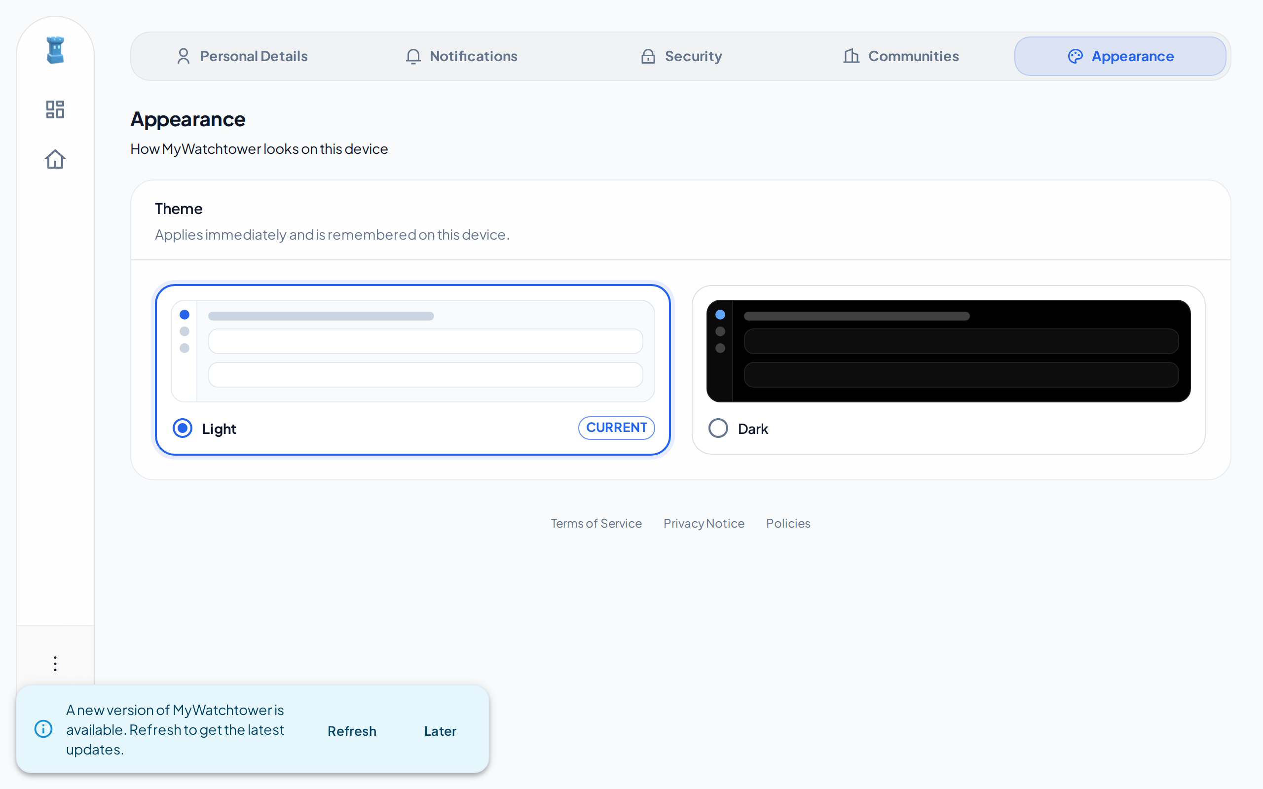 The new version banner of the web app, with the Refresh and Later buttons