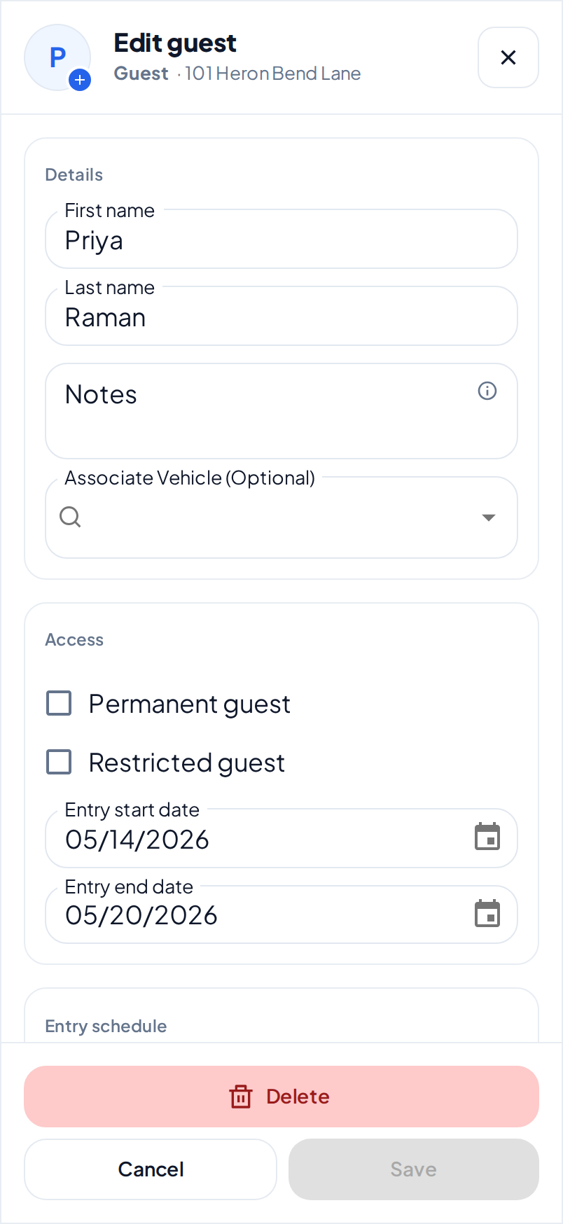 The Edit guest dialog on a phone, with the name, notes, vehicle, access and entry dates of a guest, and Delete above Cancel and Save