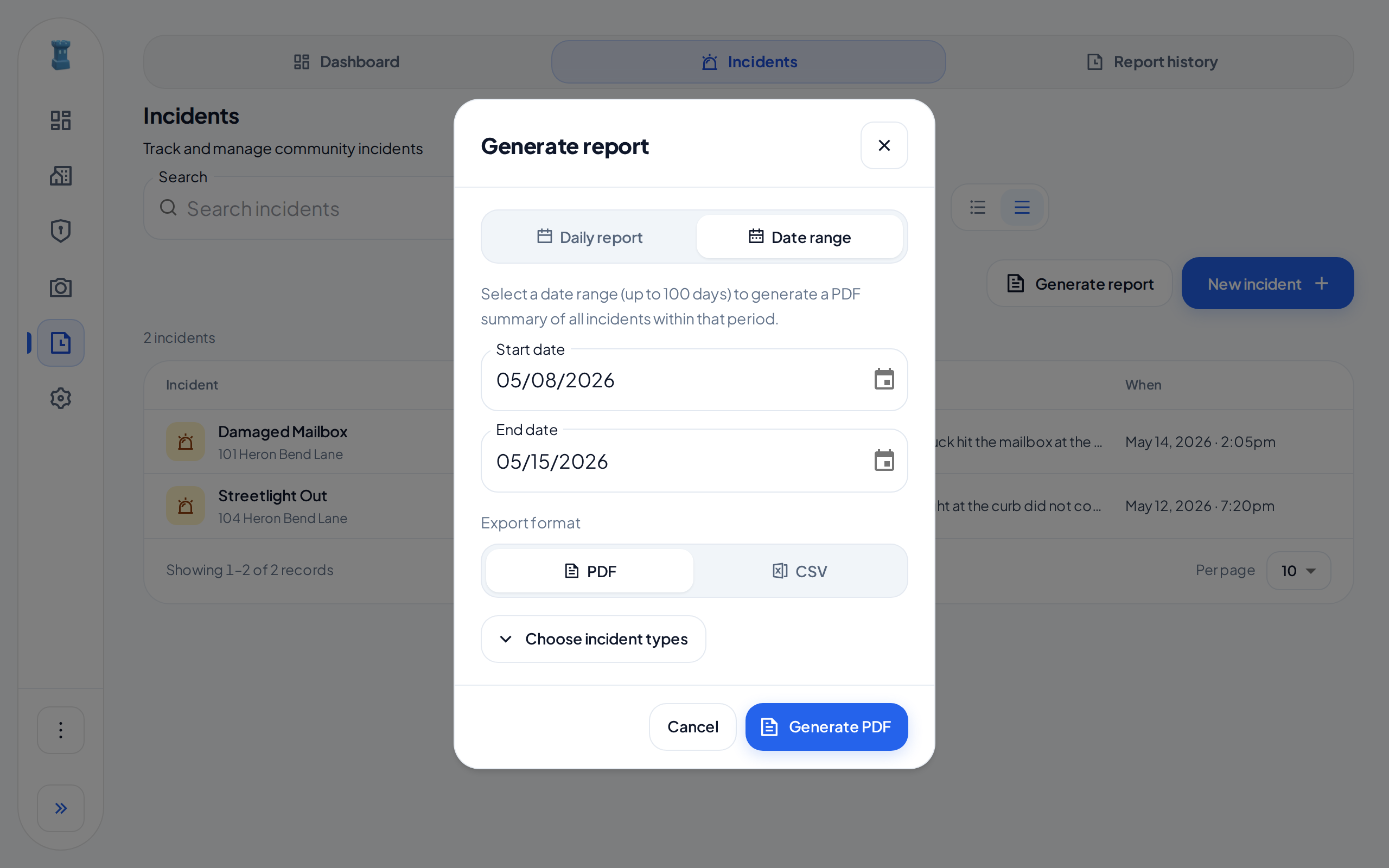 The Generate report dialog, set to Date range and PDF, with each incident type selected
