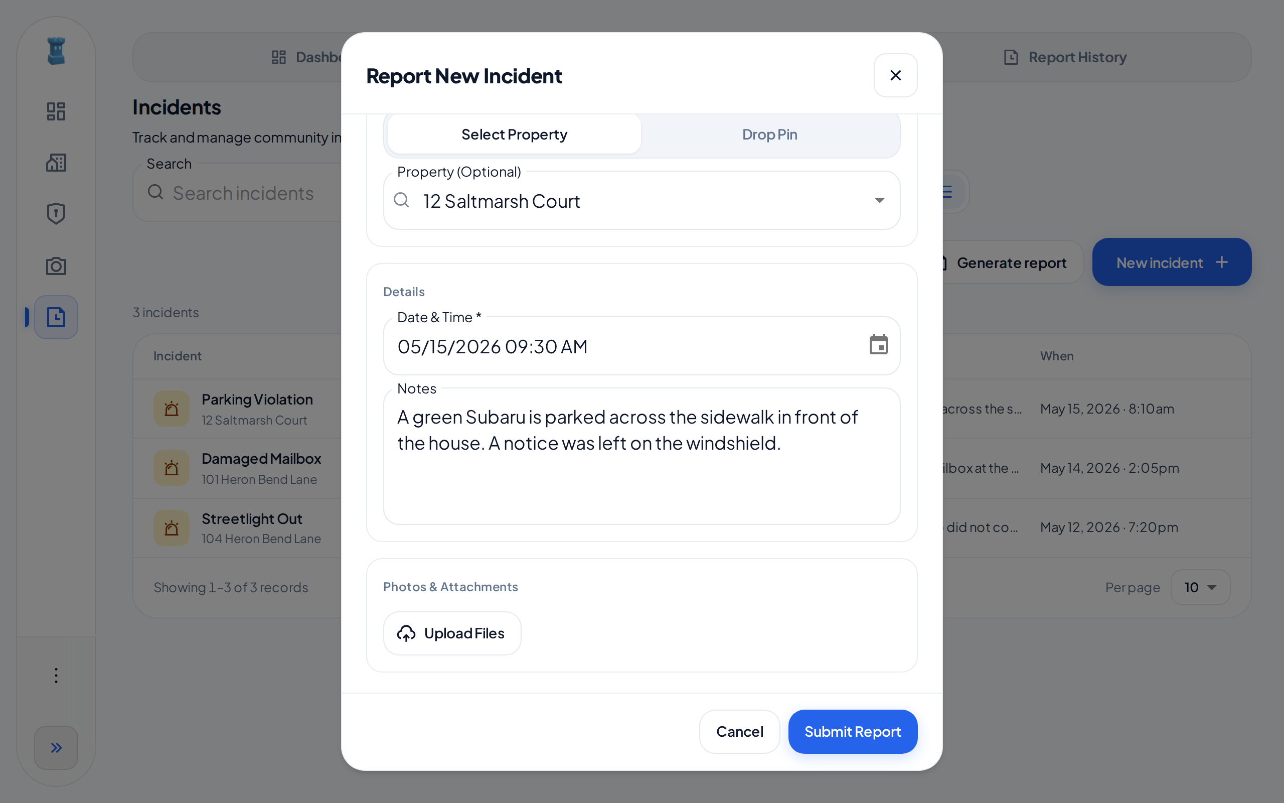 The bottom of the Report New Incident form: the date and time, the notes, the Upload Files button, and the Cancel and Submit Report buttons