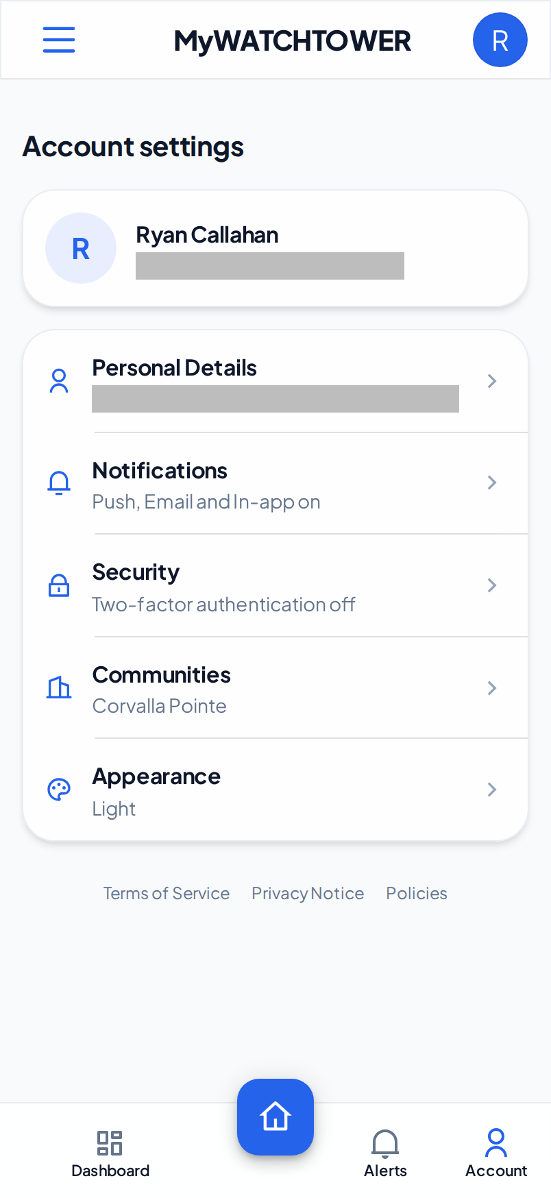 The Account settings list on a phone. A card shows the avatar and the name. Under it are the Personal Details, Notifications, Security, Communities and Appearance rows, each with a summary.