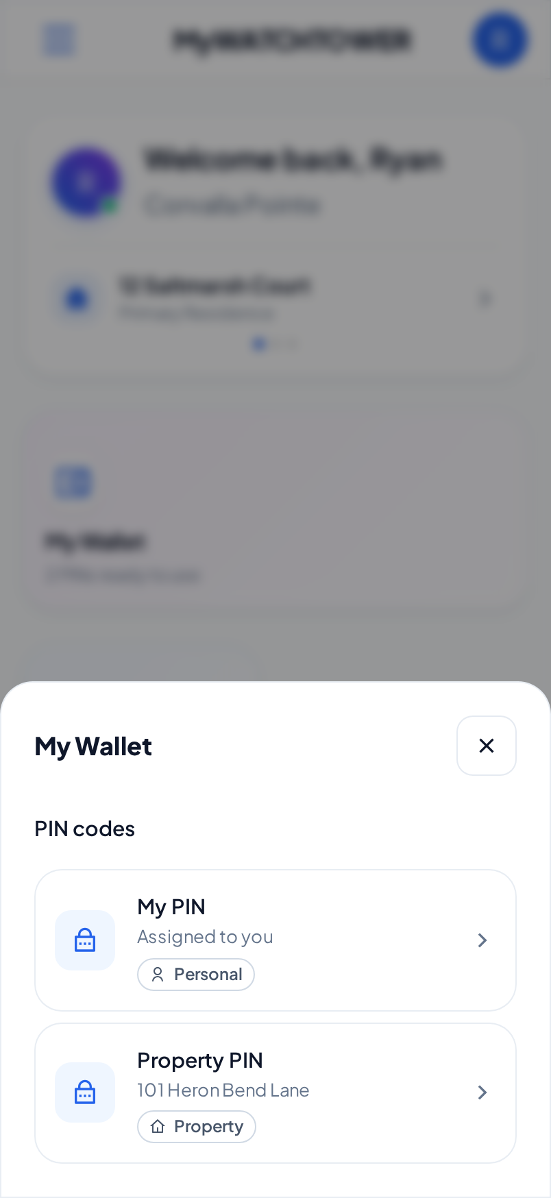 The PIN codes section of My Wallet on a phone. My PIN shows the Personal label, and the Property PIN of 101 Heron Bend Lane shows the Property label.