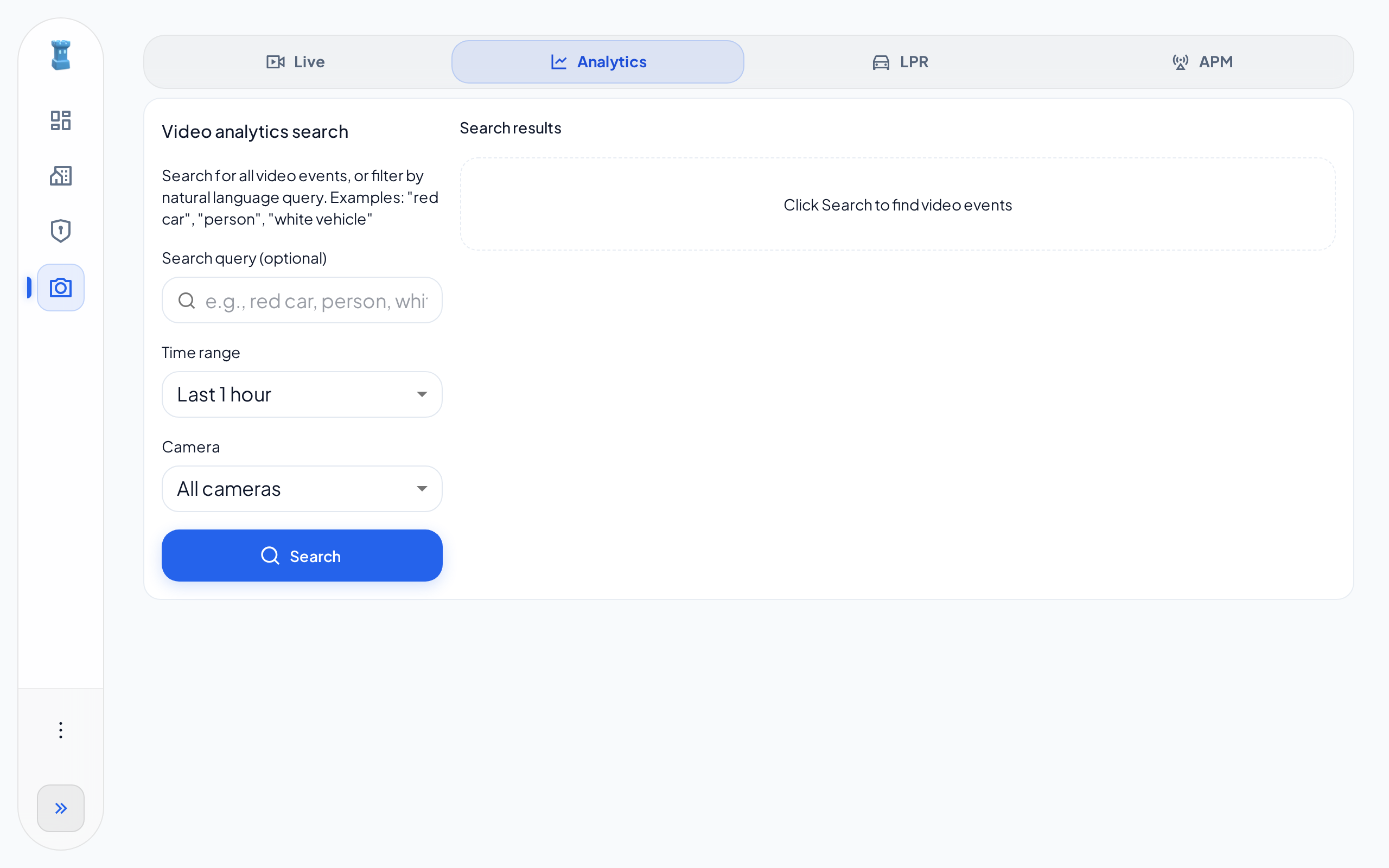 The Analytics tab before a search, with the Search query, Time range and Camera fields and the Search button