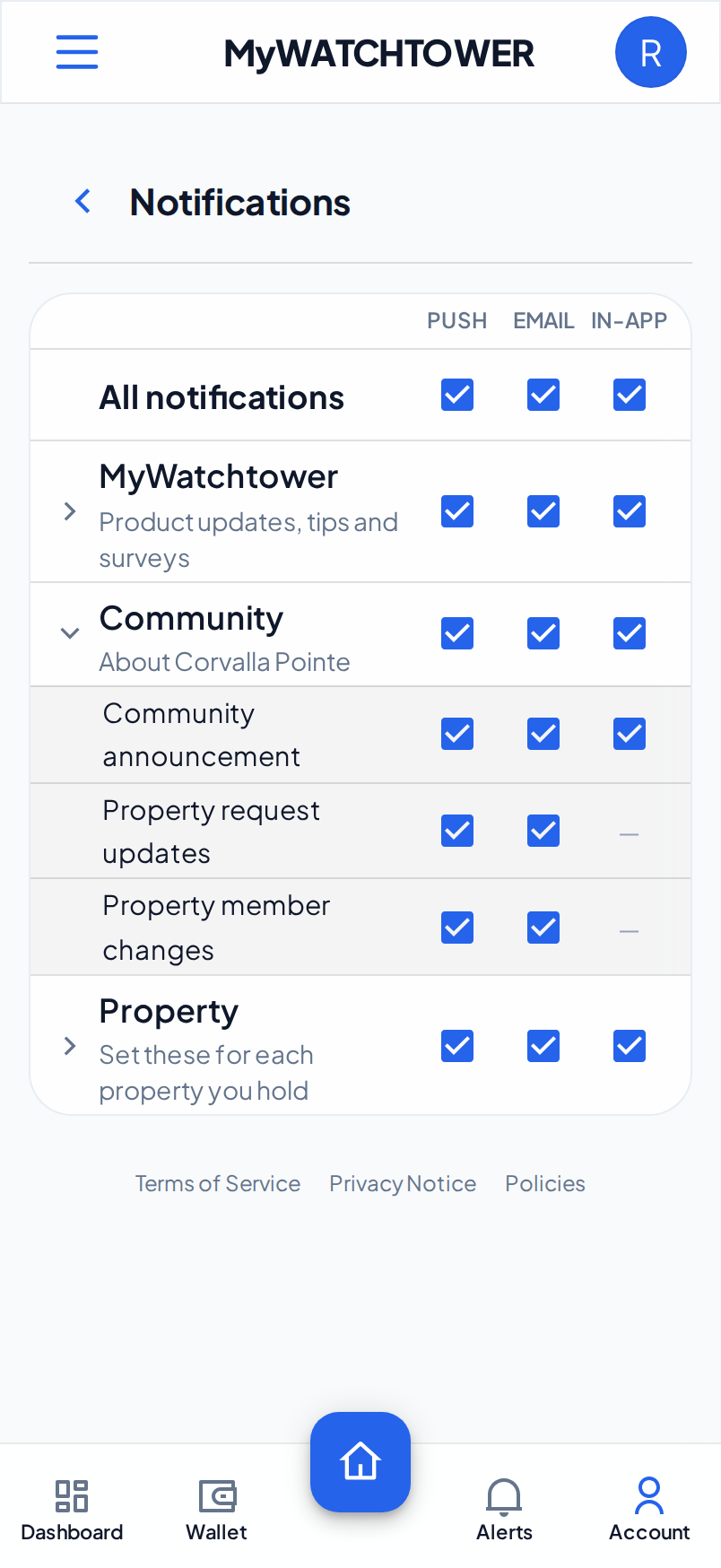 The Community category open on a phone, with its notification types and a box for each channel