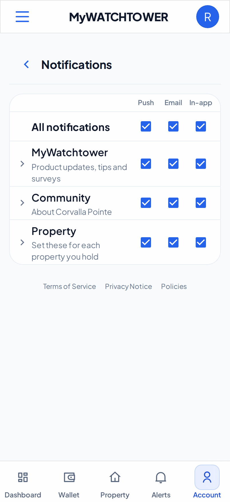 The notification settings table on a phone, with the All notifications row and the MyWatchtower, Community and Property categories