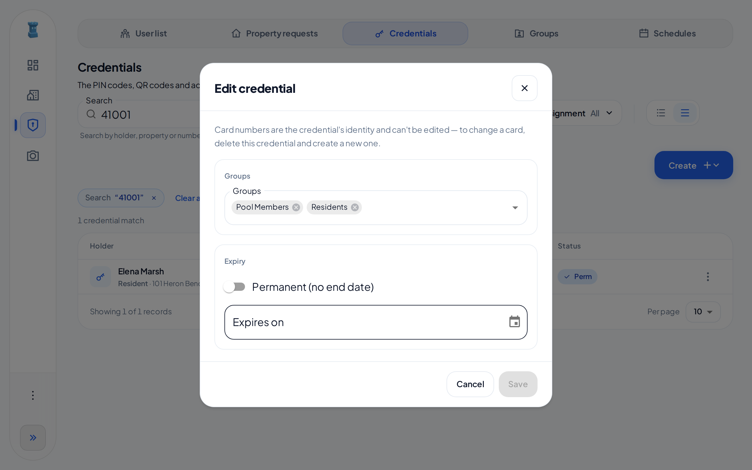 The Edit credential dialog, with Permanent turned off and the Expires on field empty in the Expiry section