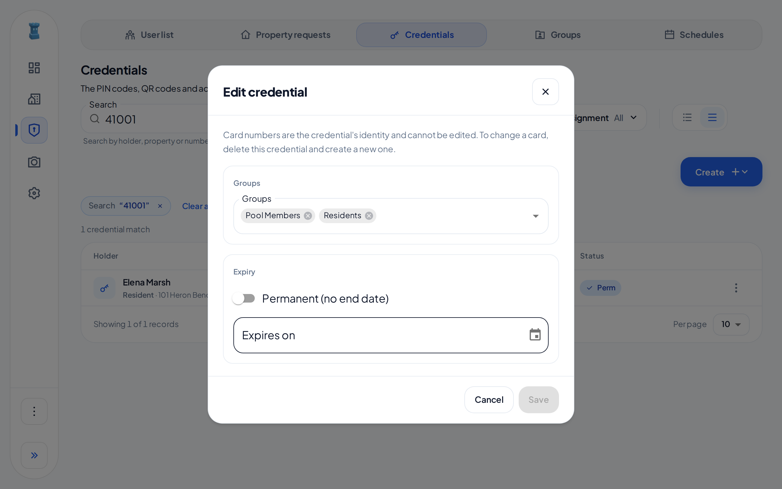 The Edit credential dialog, with Permanent turned off and the Expires on field empty in the Expiry section