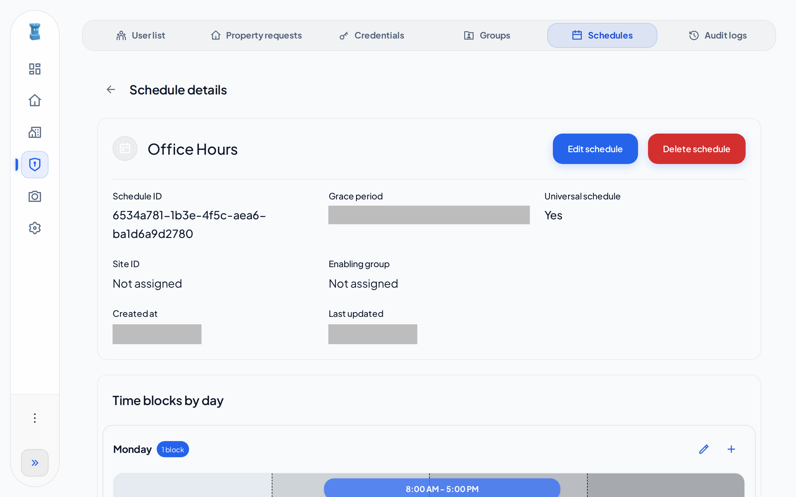 The Schedule details page of Office Hours, with the Edit schedule and Delete schedule buttons. Monday has one block from 8:00 AM to 5:00 PM.
