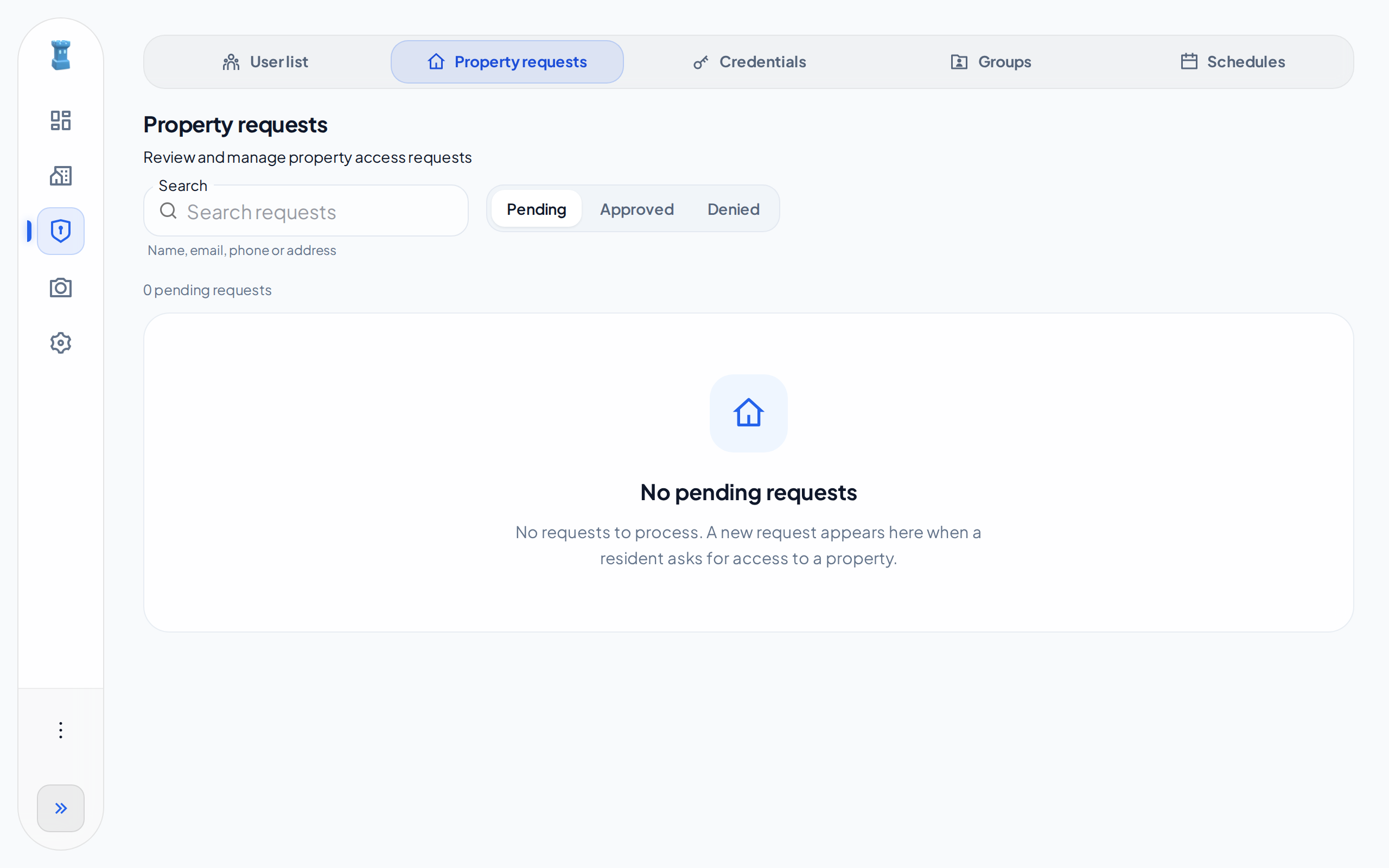 The Property requests tab with the Pending status selected and no pending requests