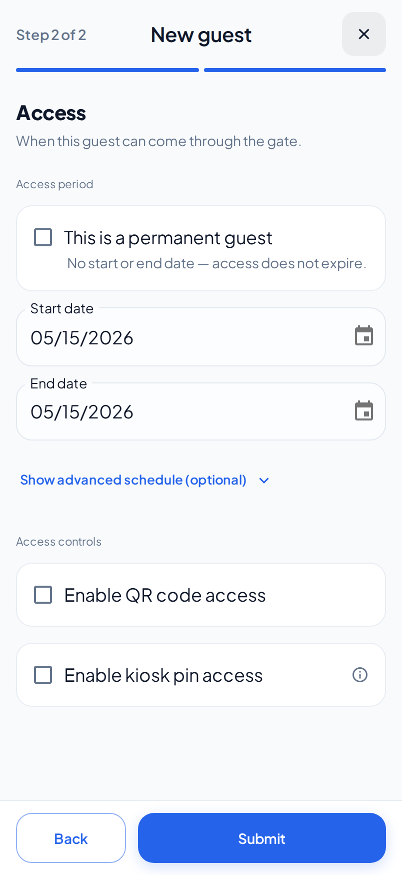 The Access step on a phone, with the permanent guest box, the start and end dates and the advanced schedule