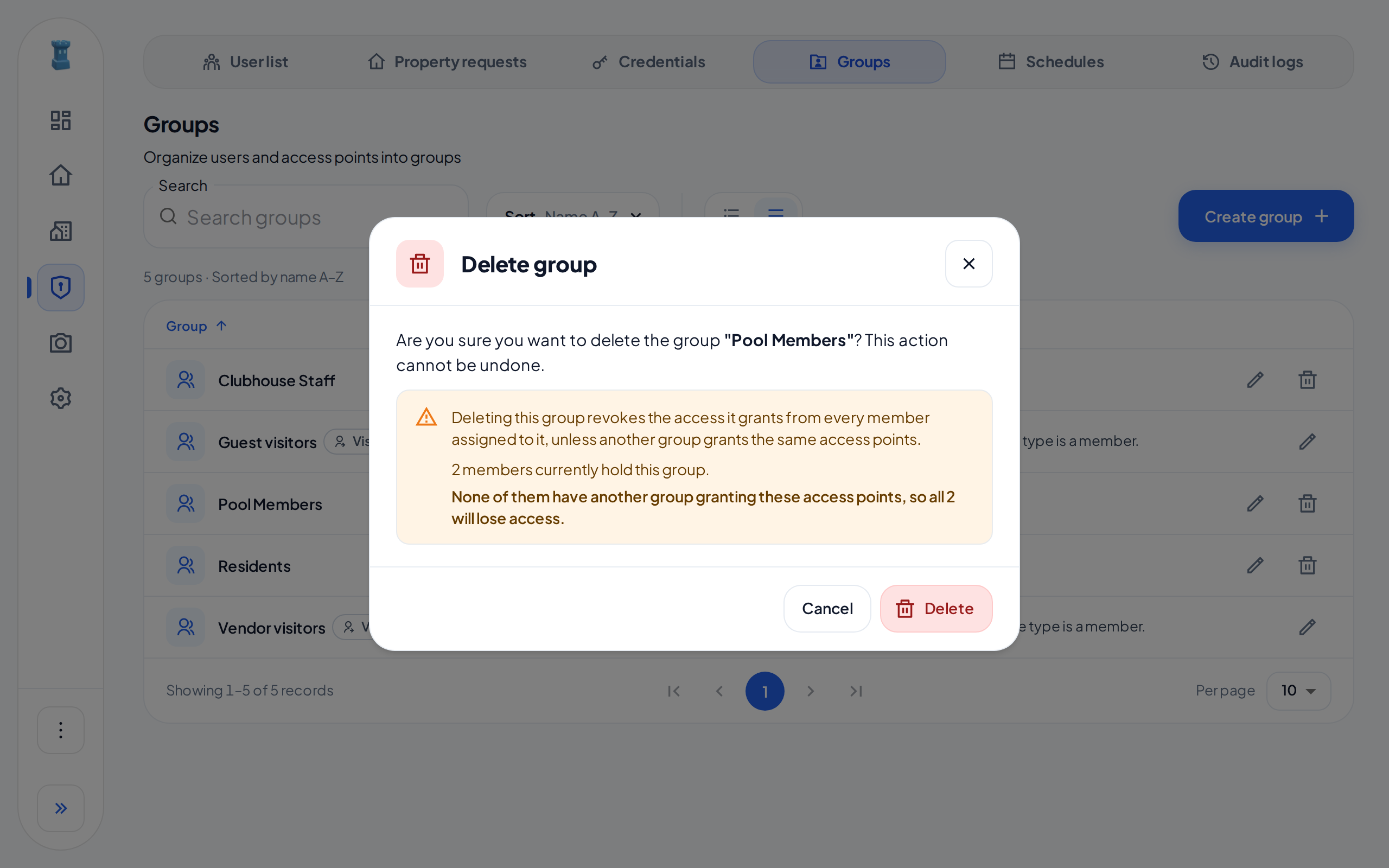 The Delete group dialog for Pool Members. It says that 2 members hold the group and that both will lose access.