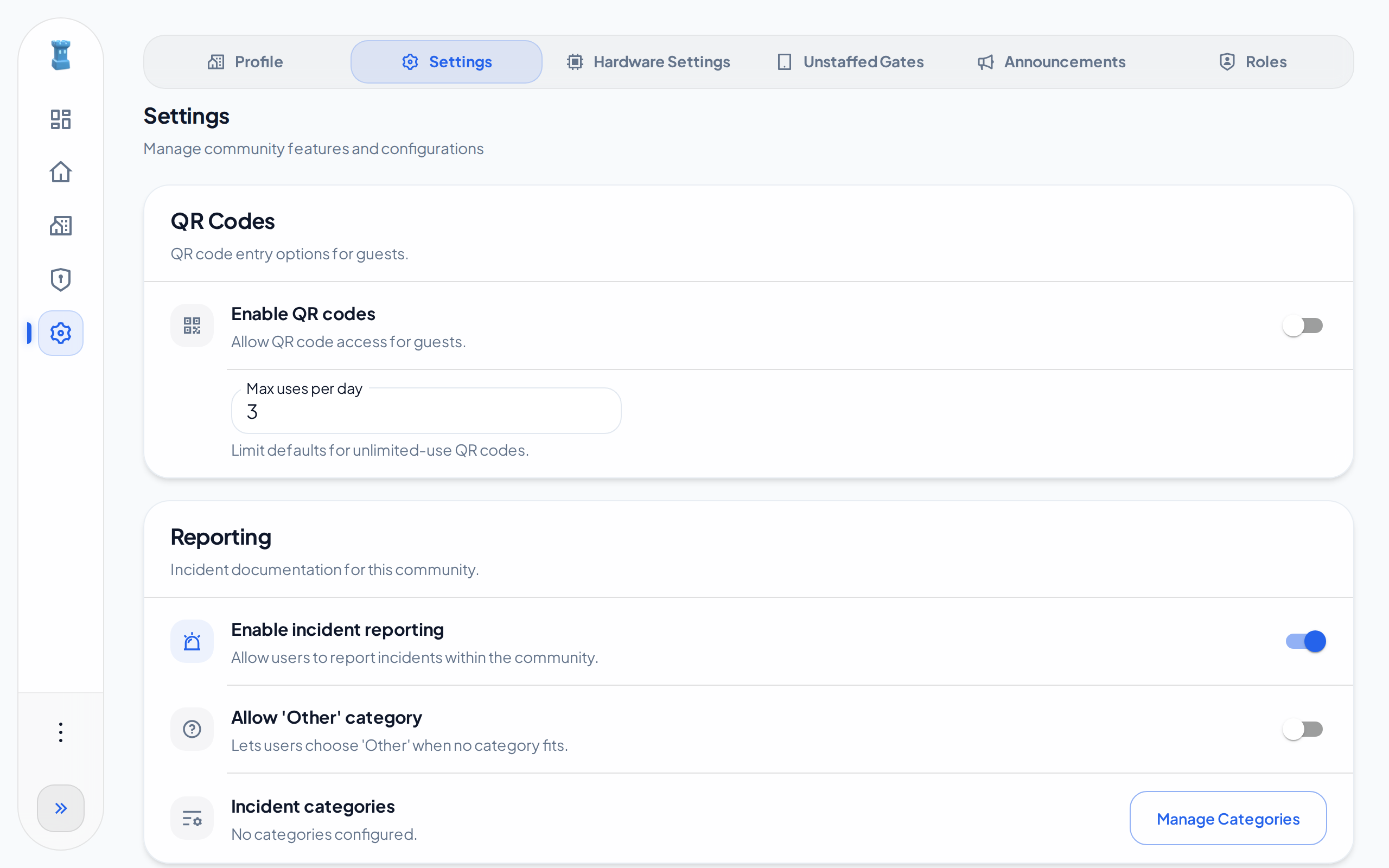 The Reporting card of the community settings, with its first switch on and the category rows below it