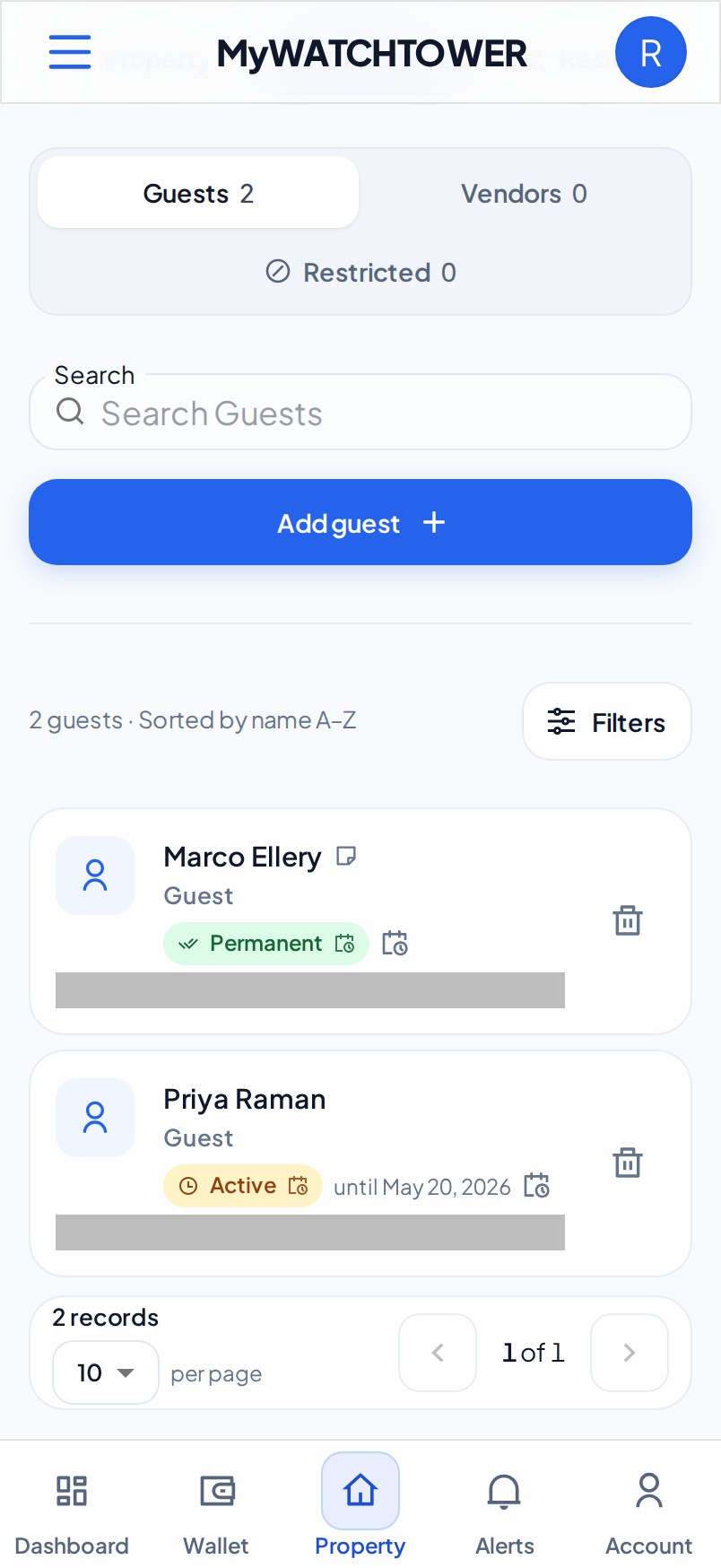The Visitors tab of a property on a phone, with Guests selected at the top and two guests in the list