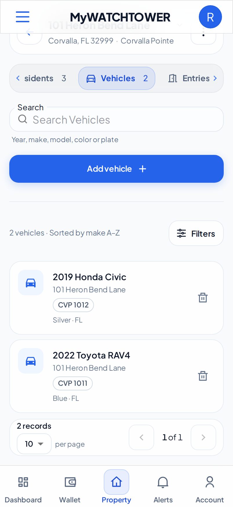 The Vehicles tab of a property on a phone, with two vehicles in the list: a 2019 Honda Civic and a 2022 Toyota RAV4