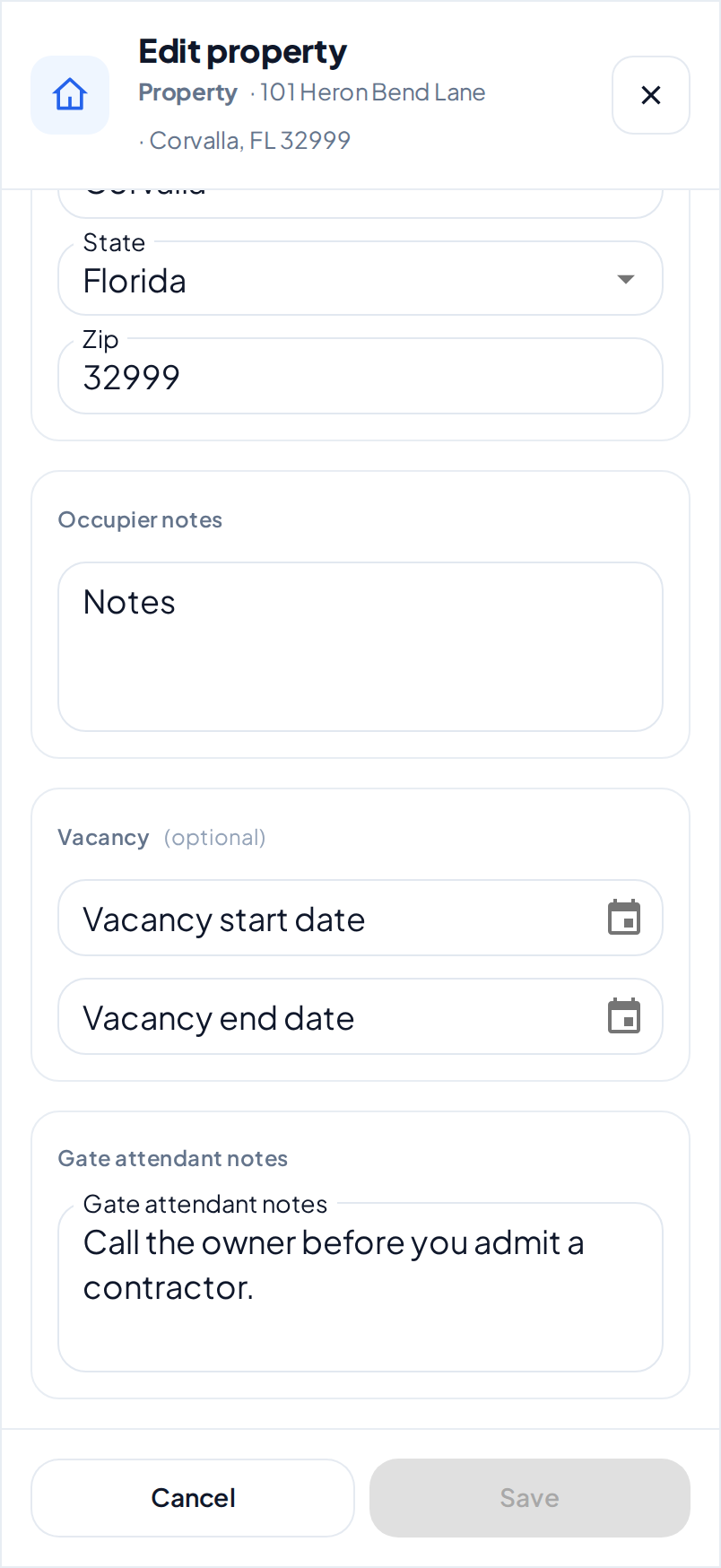 The lower part of the Edit property dialog on a phone, with the Vacancy and Gate attendant notes sections
