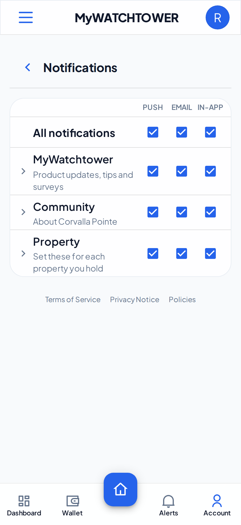 The notification settings table on a phone, with the All notifications row and the MyWatchtower, Community and Property categories