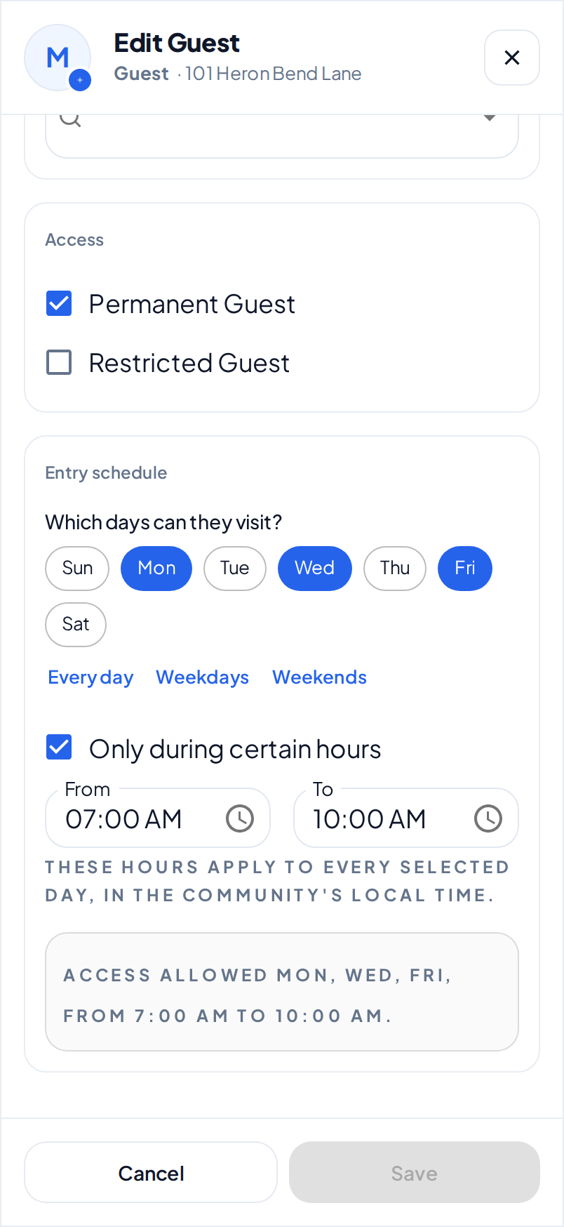 The Edit Guest dialog on a phone for a permanent guest who can enter on Monday, Wednesday and Friday from 7:00 AM to 10:00 AM