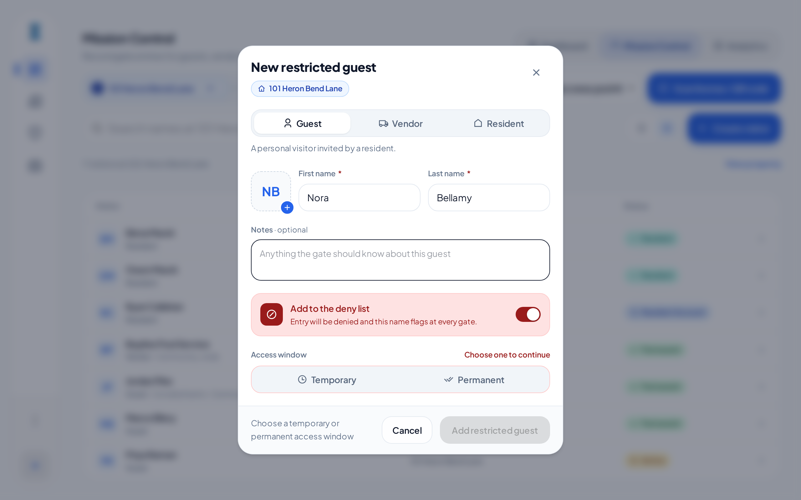 The New restricted guest dialog with Add to the deny list turned on. Choose one to continue shows above the access window, and Add restricted guest is not available.