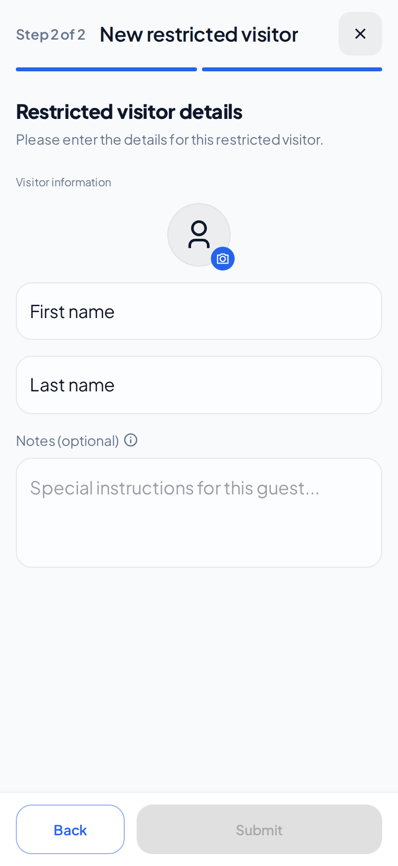 The Restricted visitor details step on a phone, with the photo, the name fields and the notes