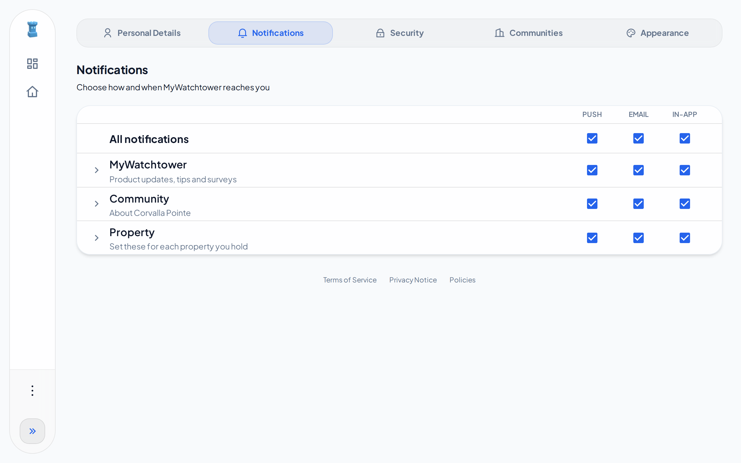 The Notifications tab of My Account on a computer, with the All notifications row and the MyWatchtower, Community and Property categories