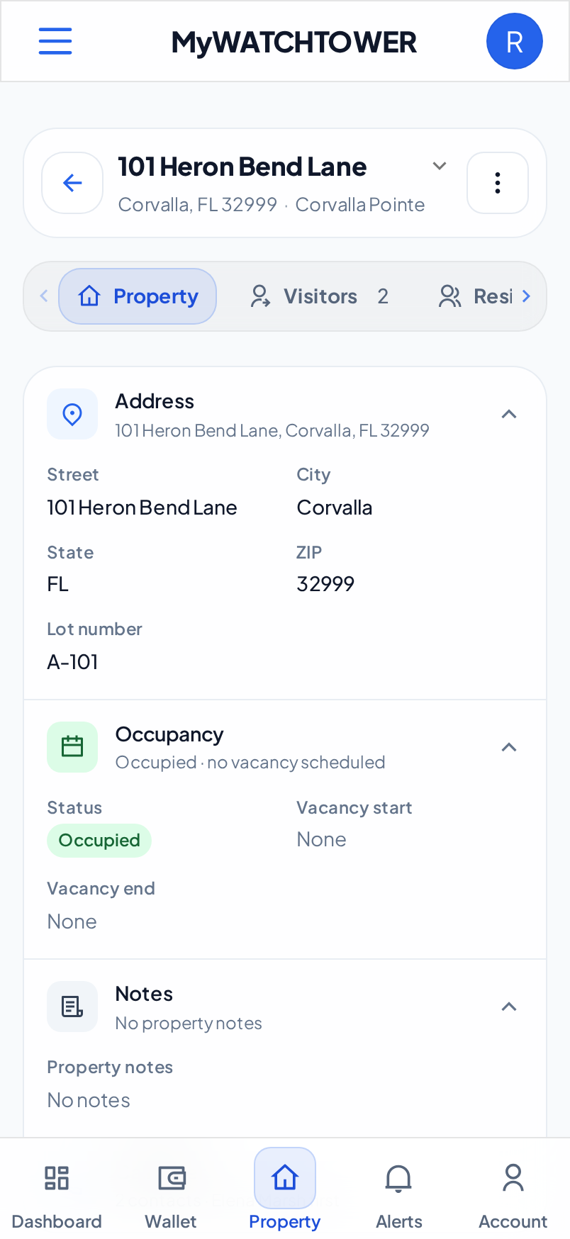The Property tab on a phone, with the Address and Occupancy rows open
