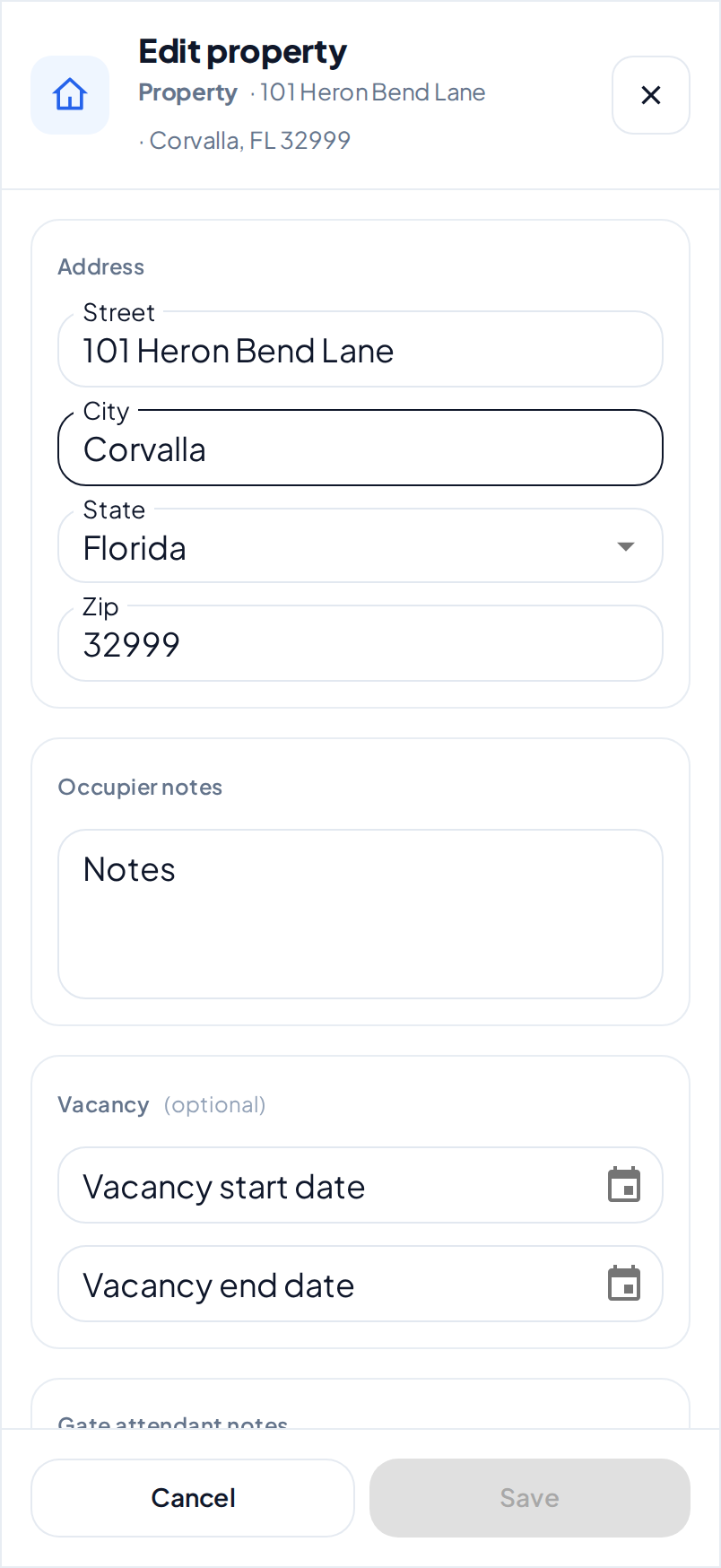 The top of the Edit property dialog on a phone, with the Address and Occupier notes sections