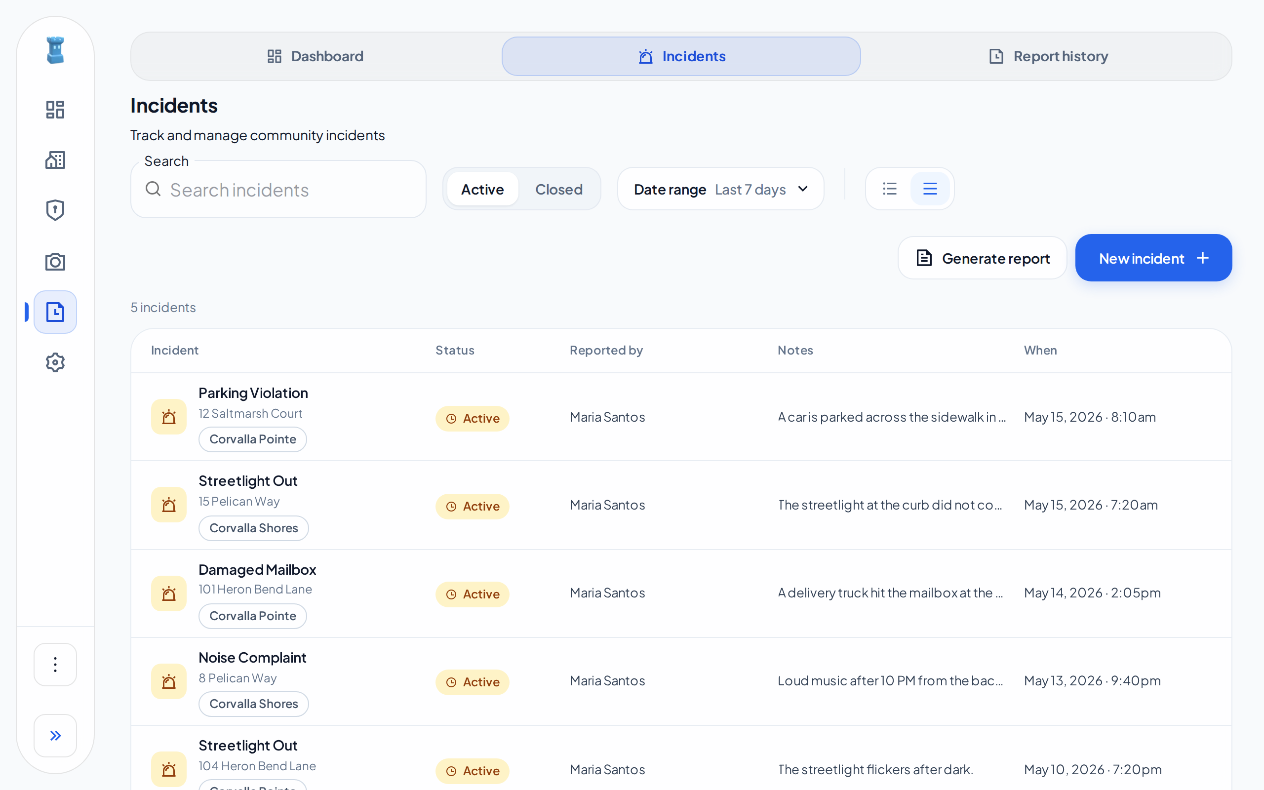 The Incidents tab of a community group. Each incident shows a label with the name of its community.