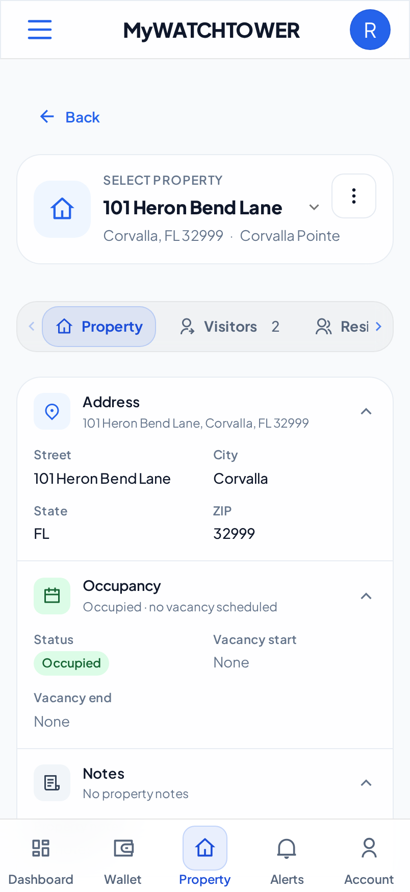 The Property tab on a phone, with the Address and Occupancy rows open