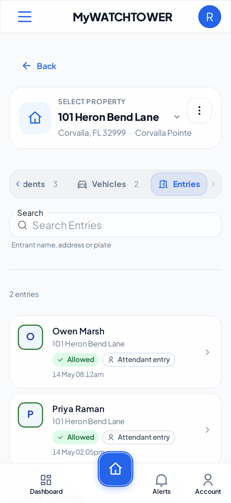 The Entries tab of 101 Heron Bend Lane on a phone, with the entries of Priya Raman and Owen Marsh