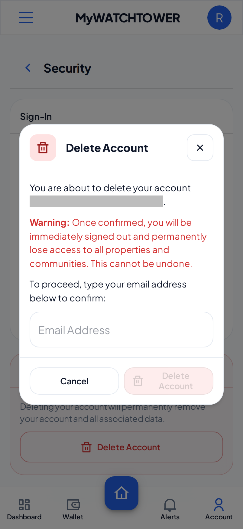 The Delete Account dialog on a phone, with the warning, the Email Address field and the Cancel and Delete Account buttons