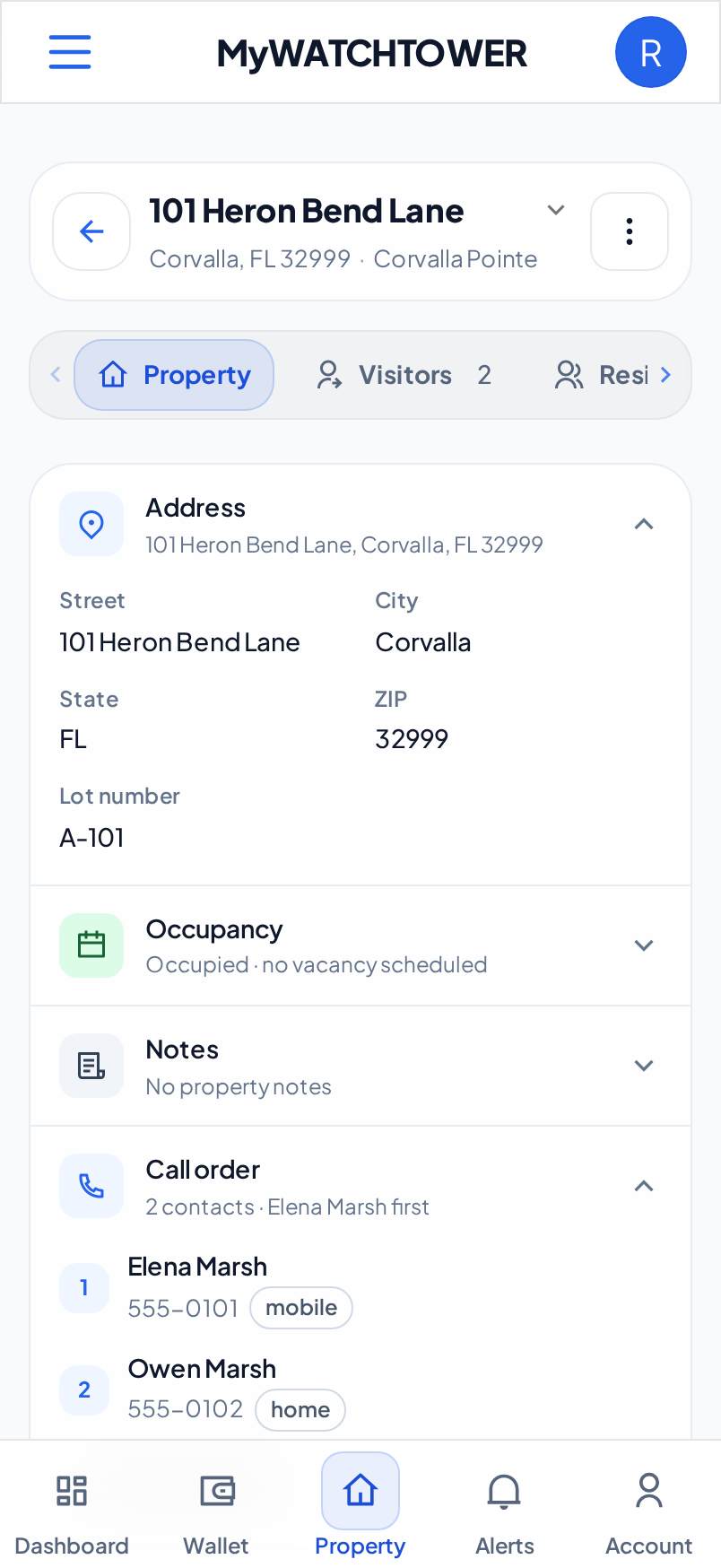 The section of a property on a phone that shows who the gate calls, with two contacts