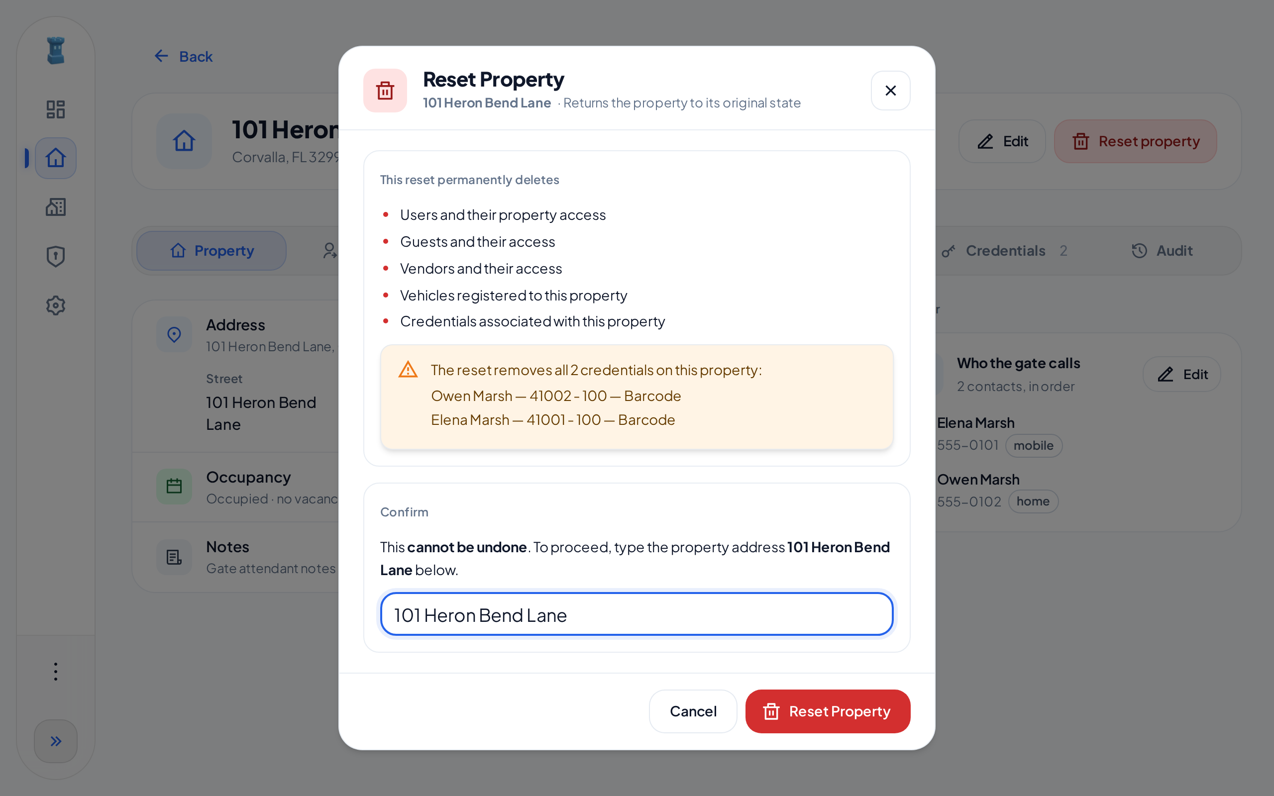 The Reset Property dialog with the street address typed and the Reset Property button available