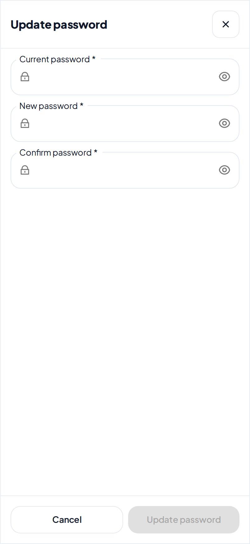 The Update password dialog, which asks for the current password and the new password two times
