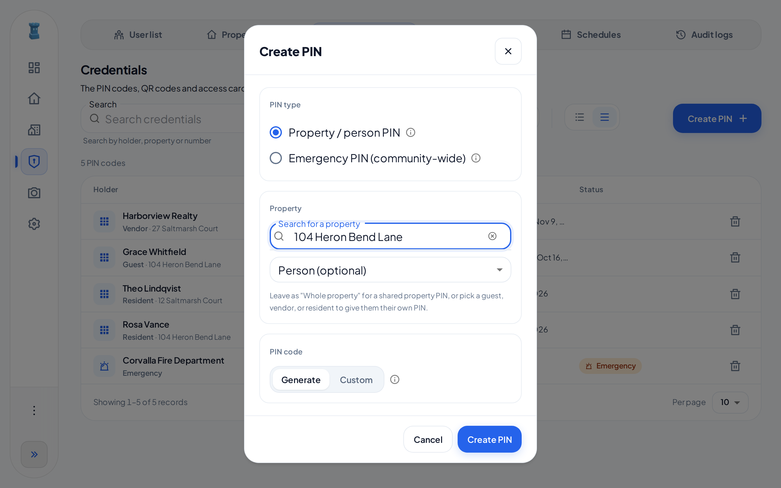 The Create PIN dialog for an Admin. Property / person PIN is selected, the property is 104 Heron Bend Lane, and the dialog shows the Person (optional) field, and Generate and Custom.
