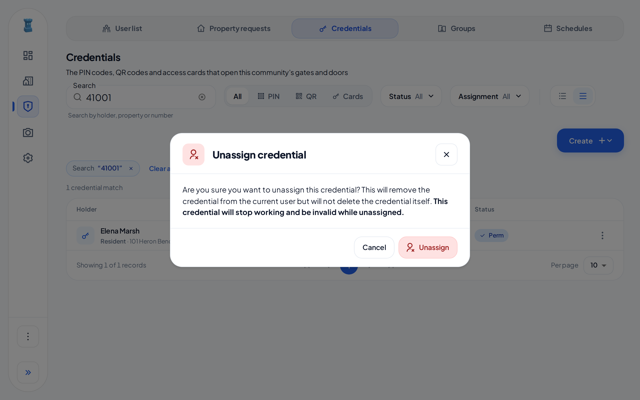 The Unassign credential dialog, which says that the credential stops working while it has no holder, with Cancel and Unassign