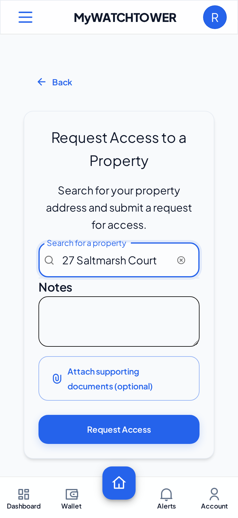 The Request Access to a Property form on a phone, with 27 Saltmarsh Court selected, the Notes field and the Request Access button