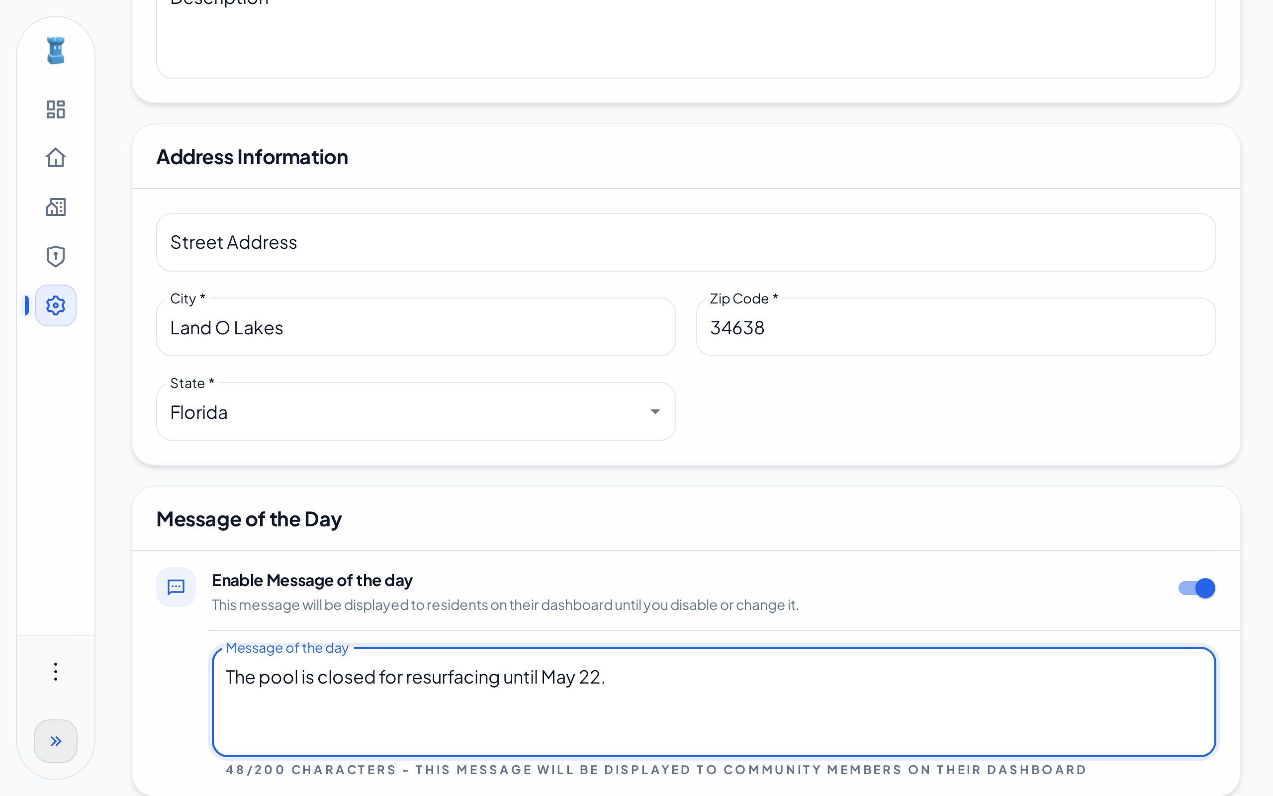 The Message of the Day card on the Profile tab, with a sample message
