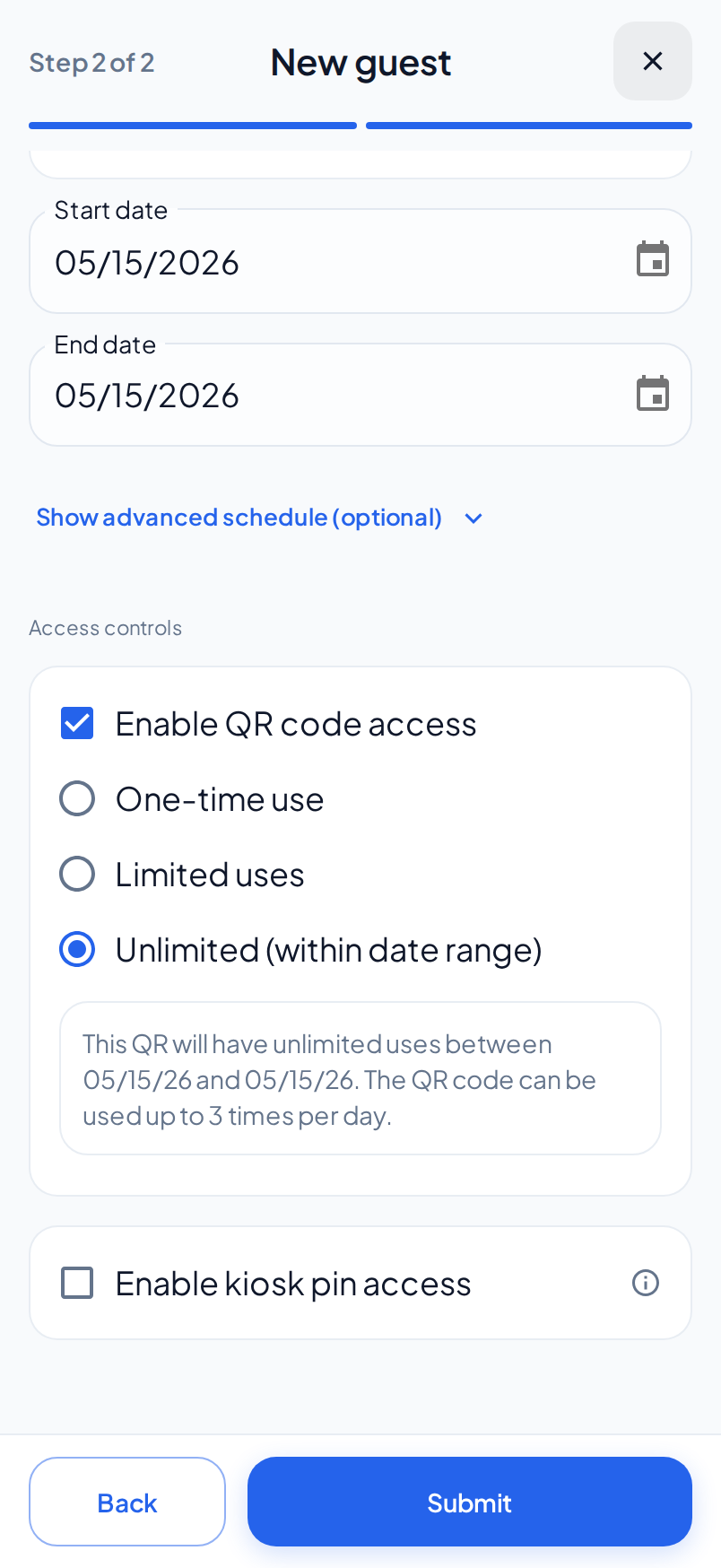 The Access step on a phone. Enable QR code access is selected, Unlimited (within date range) is chosen, and the text under the options gives the dates and the daily limit.