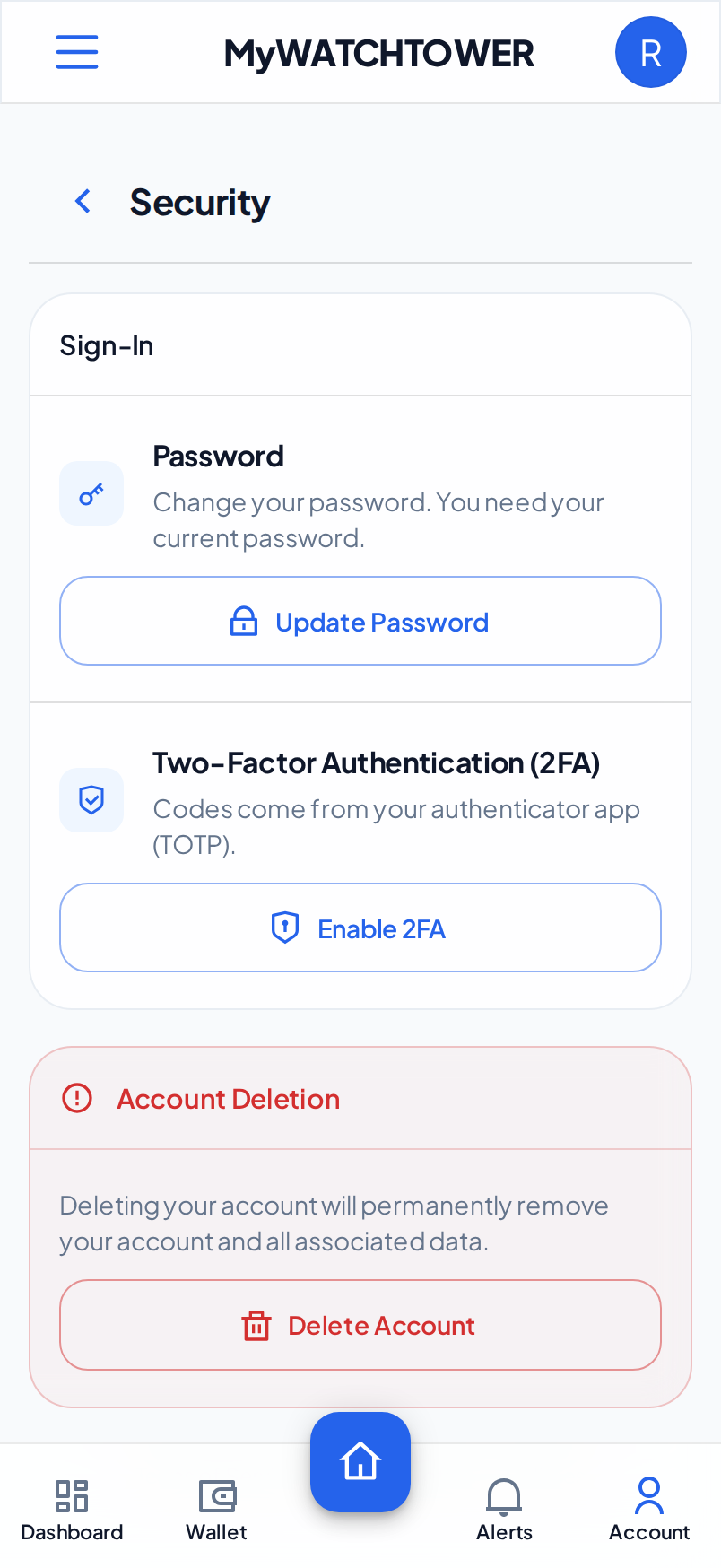 The Security section on a phone, with the Account Deletion card and its Delete Account button