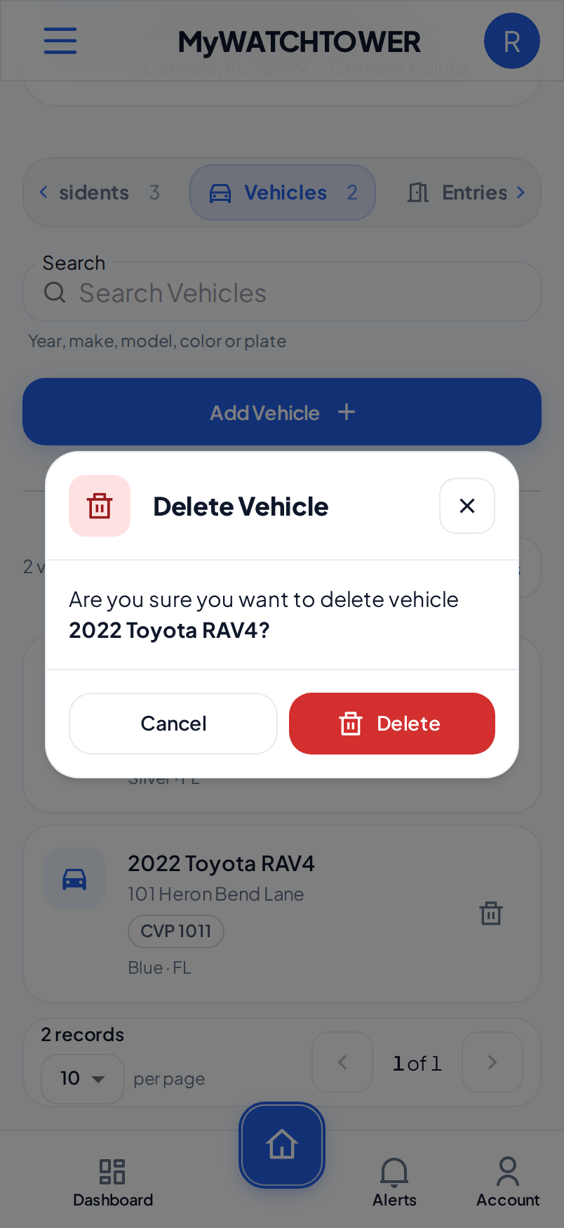 The Delete Vehicle dialog on a phone, which asks to confirm the delete of the 2022 Toyota RAV4