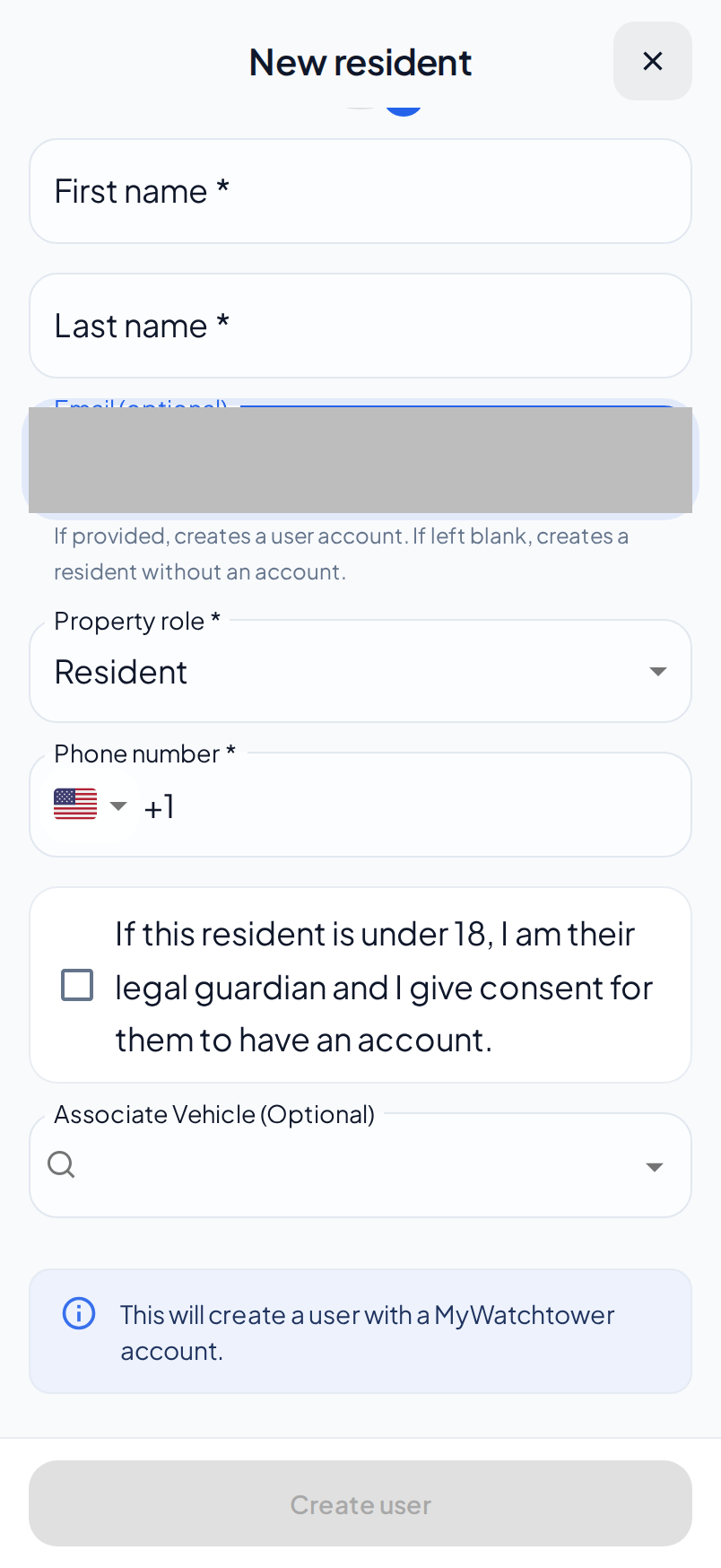 The New resident page after an email address is typed. The email address is hidden. The Property role and Phone number fields and the consent box show, and Create user is not available.