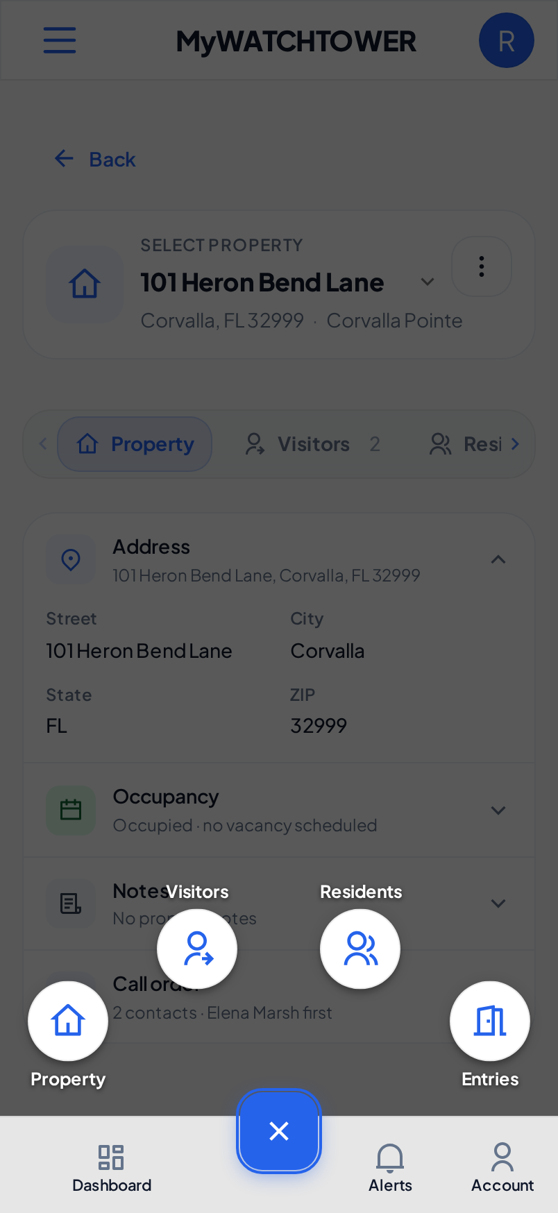 The menu of the center button on a phone, with the Property, Visitors, Residents and Entries items