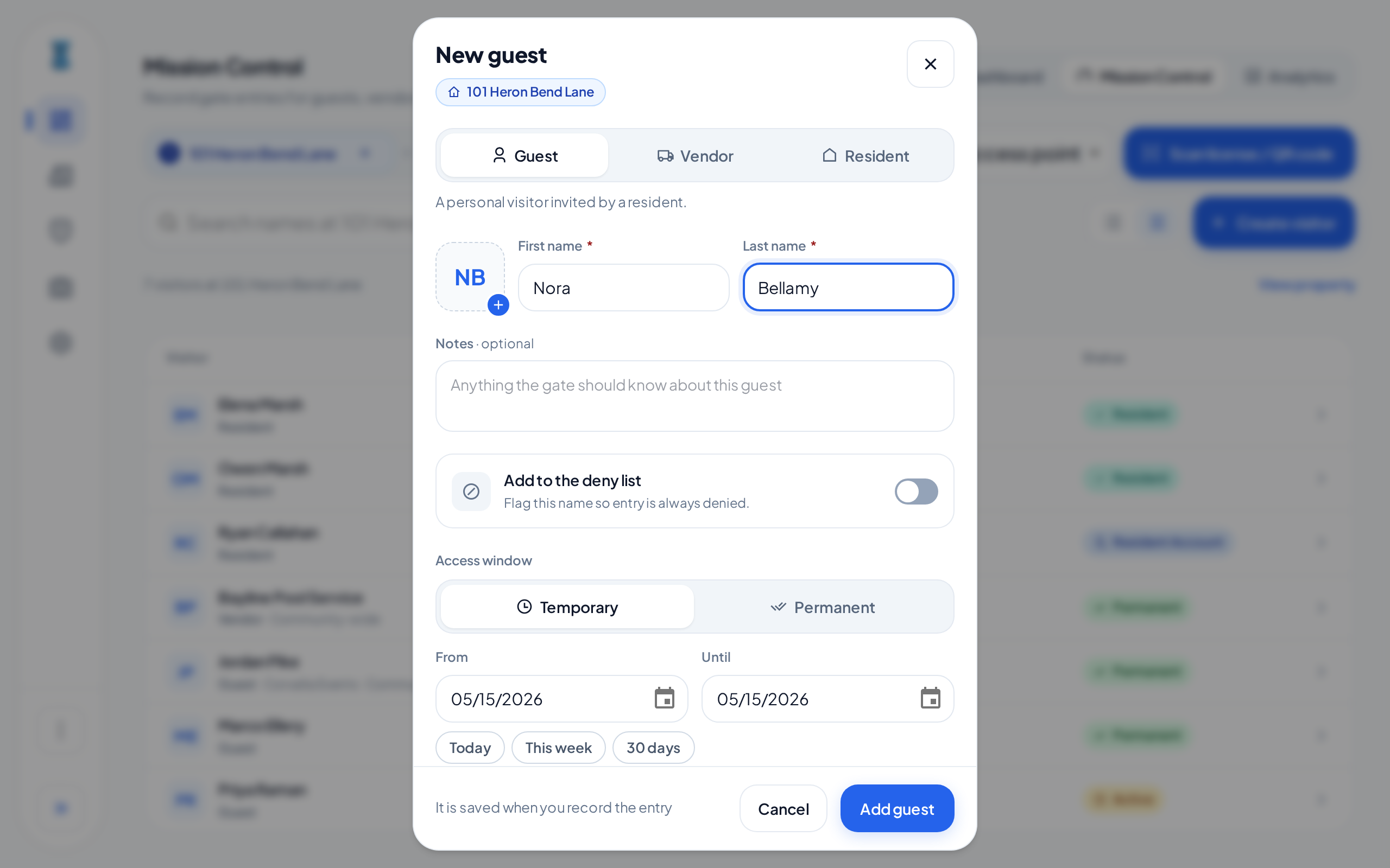 The New guest dialog for 101 Heron Bend Lane with the name Nora Bellamy, the deny list switch off, and a Temporary access window from today to today.