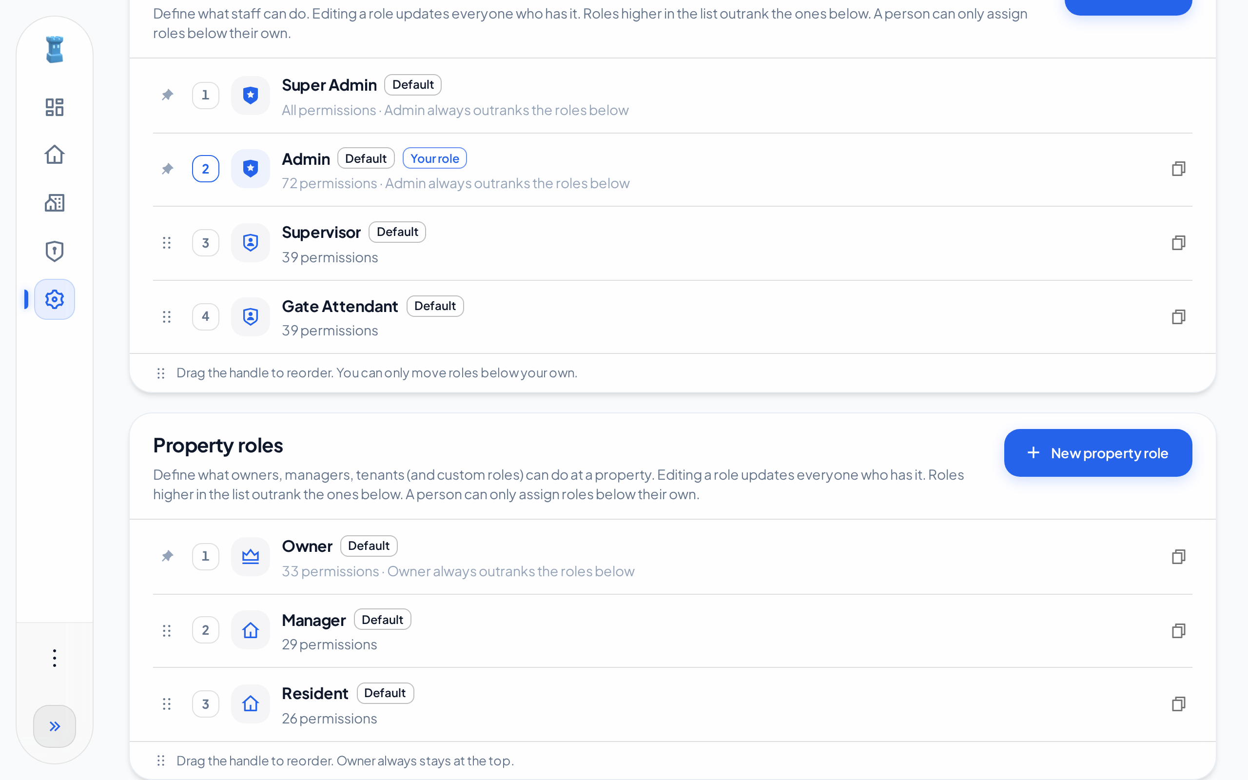 The Property roles list with Owner at the top, then Manager and Resident, and the New property role button