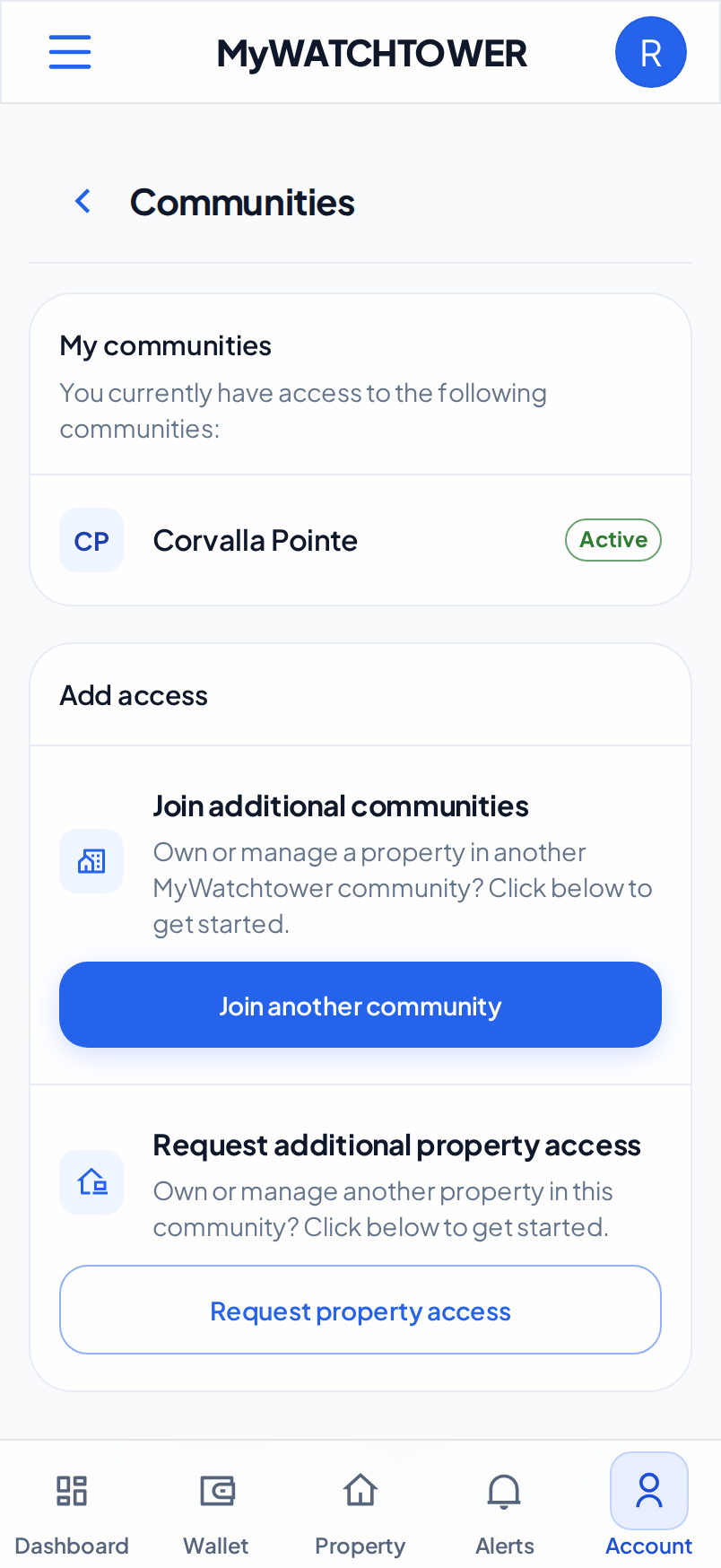 The Communities section with one community and the Add access card