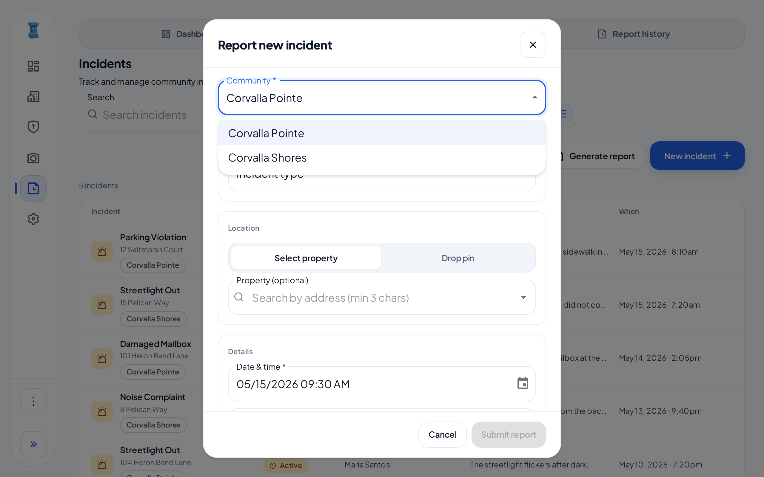 The Report new incident form, with the Community field open on the two communities of the group