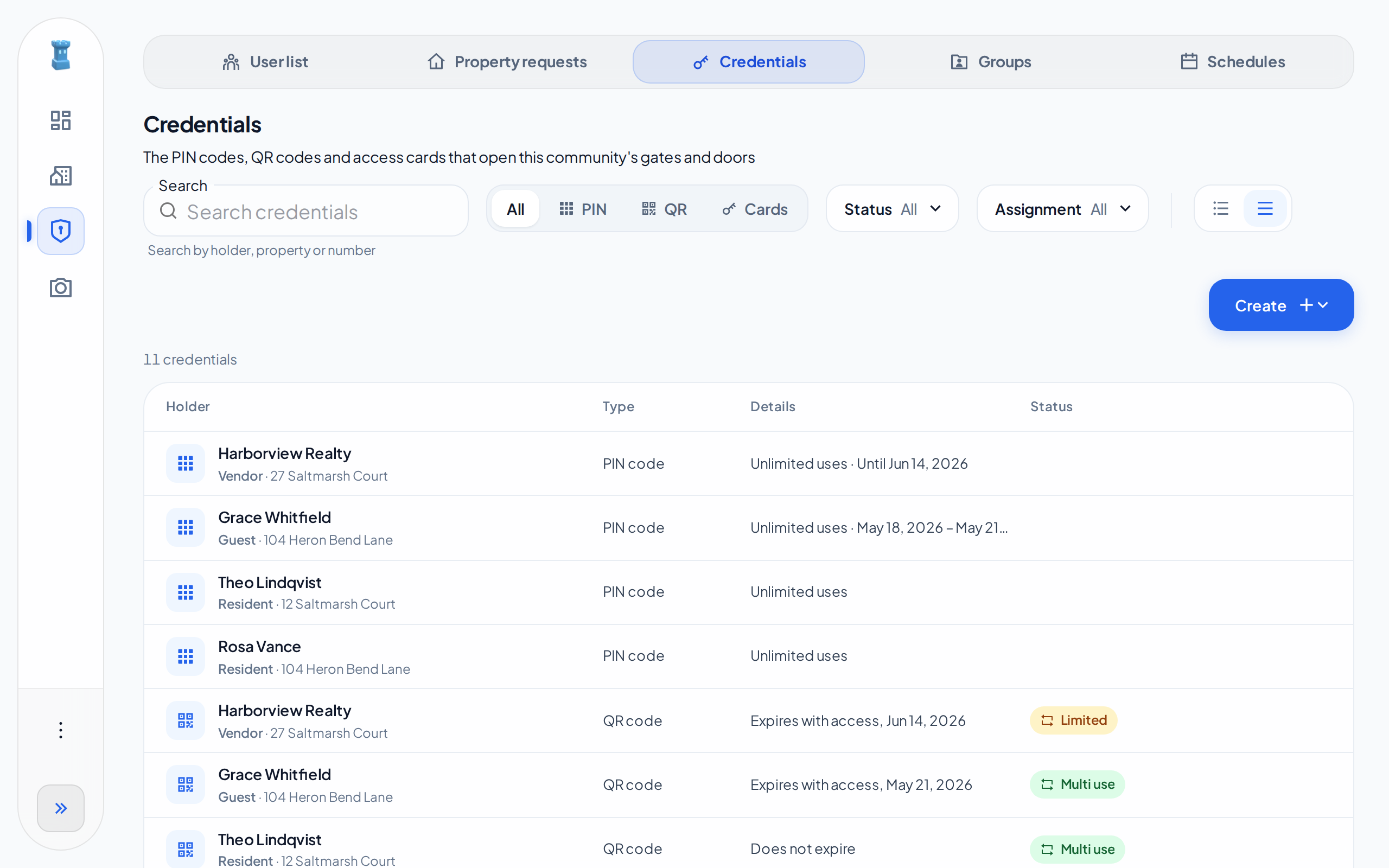 The Credentials list, with PIN and QR code rows, and the Create button